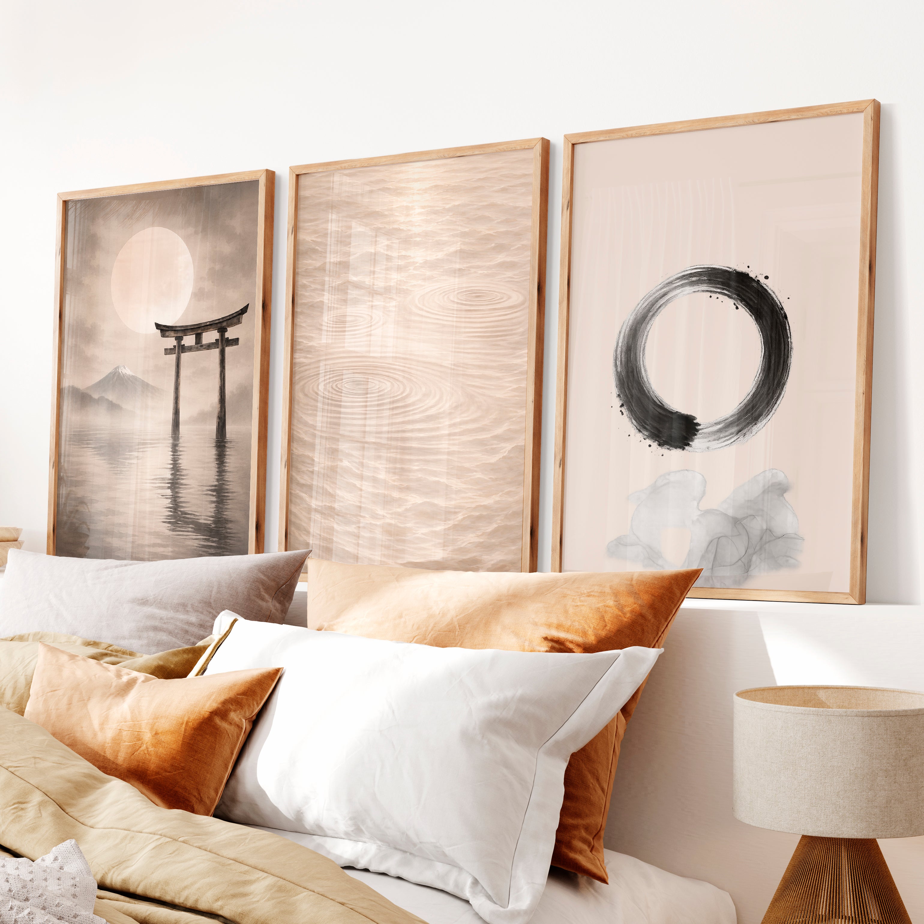 Torii Stillness japandi interior Panels - Natural Wood Framed Poster No Border - Artworksets