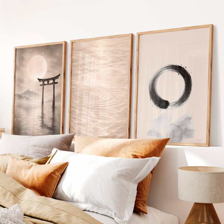 Torii Stillness japandi interior Panels - Natural Wood Framed Poster No Border - Artworksets