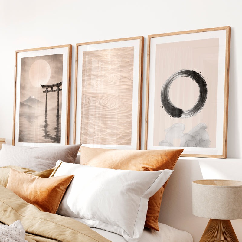 Torii Stillness japandi interior Panels- Natural Wood Framed Poster with White Border - Artworksets
