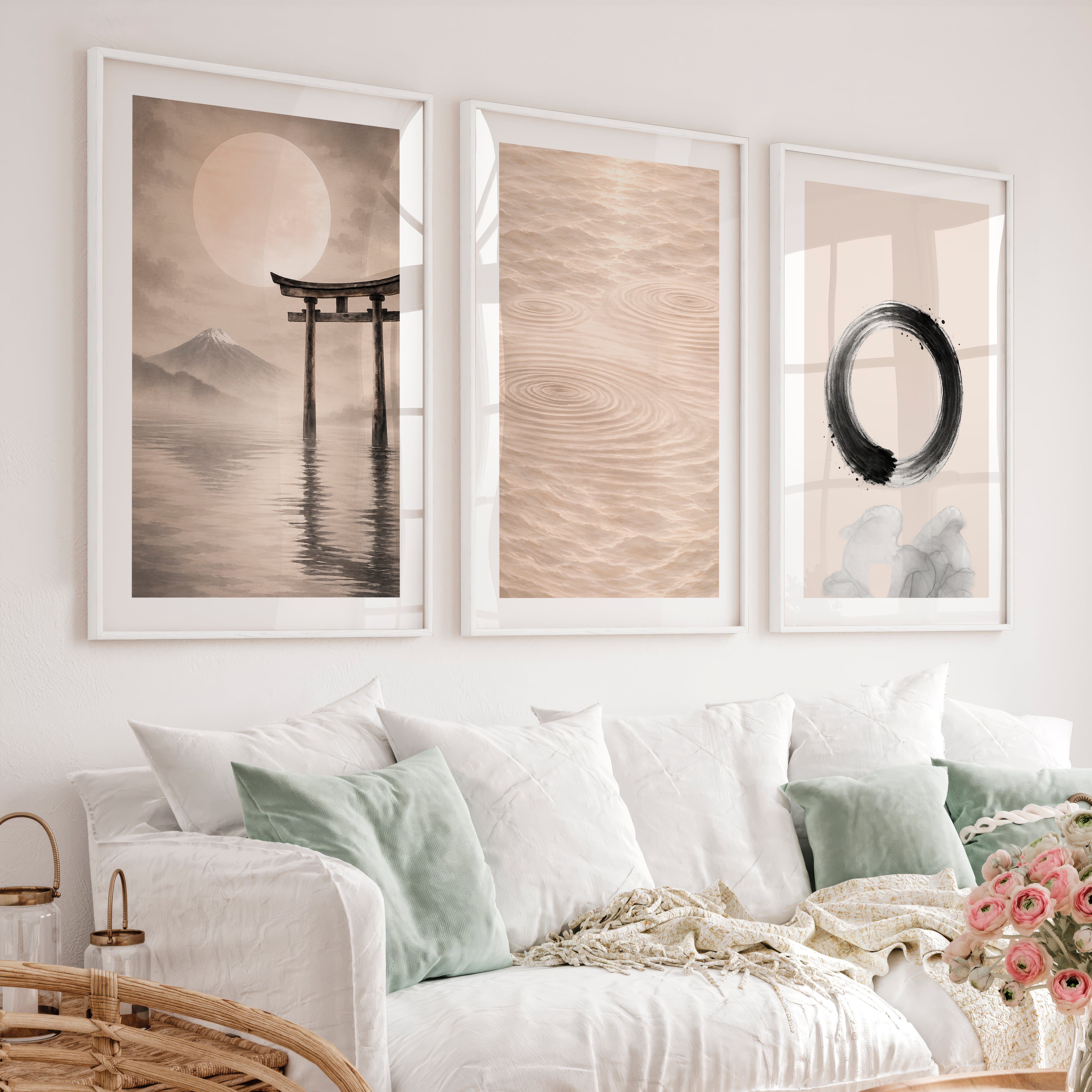 Torii Stillness japandi interior Panels - White Framed Poster with White Border - Artworksets