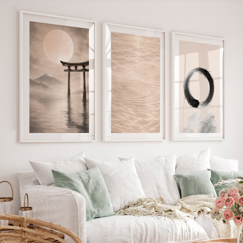 Torii Stillness japandi interior Panels - White Framed Poster with White Border - Artworksets
