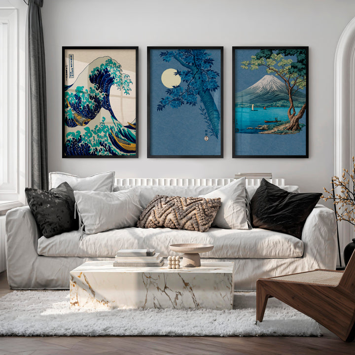Japanese Scenic Triptych for japandi interior - Black Framed Poster No Border - Artworksets