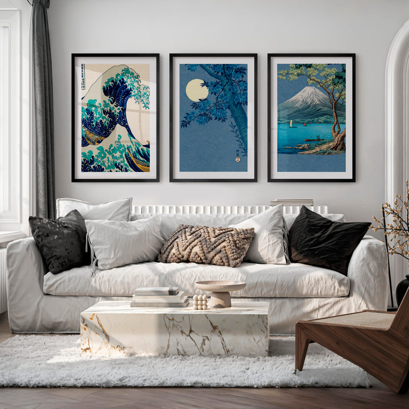 Japanese Scenic Triptych for japandi interior - Black Framed Poster with White Border - Artworksets