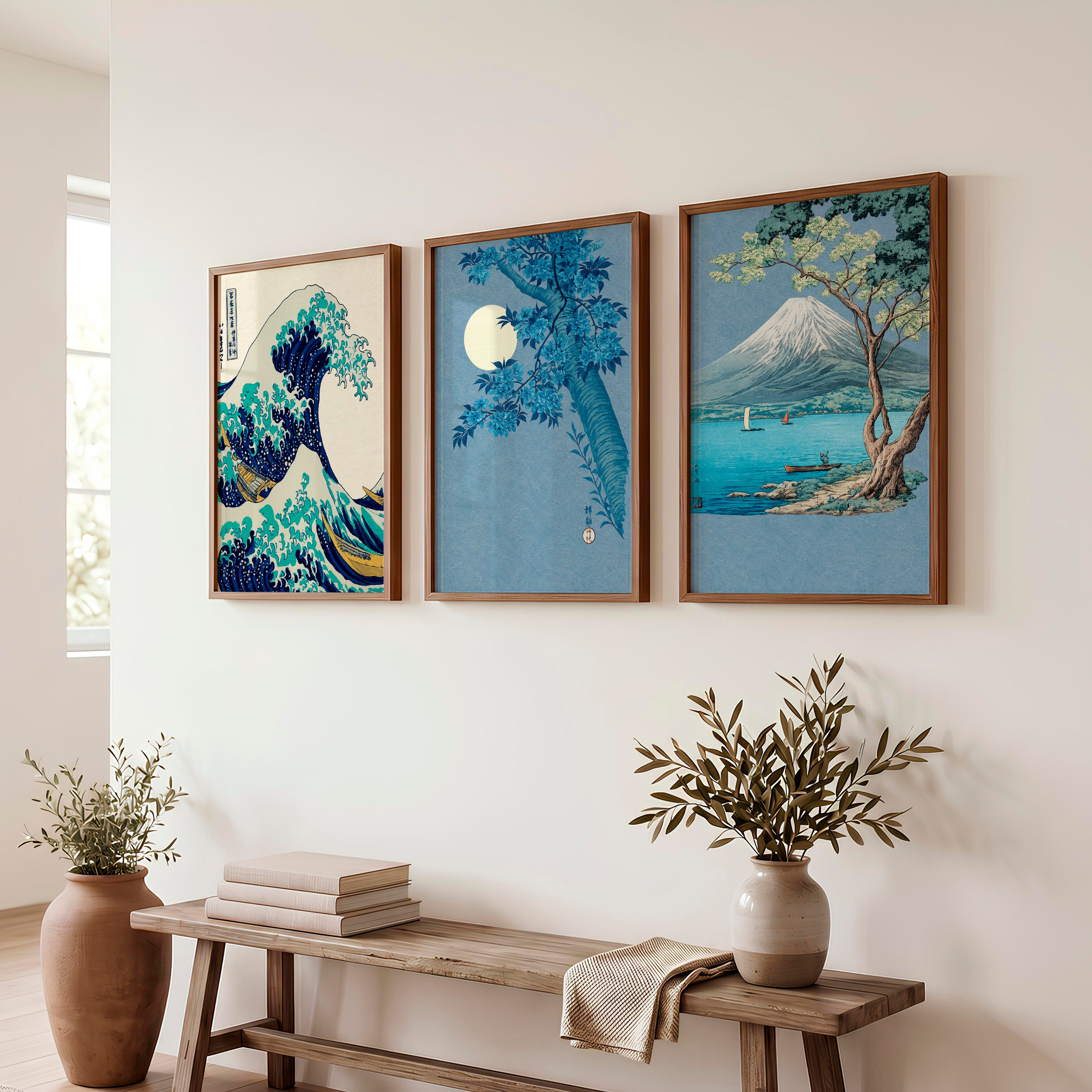 Japanese Scenic Triptych for japandi interior - Dark Brown Framed Poster No Border - Artworksets