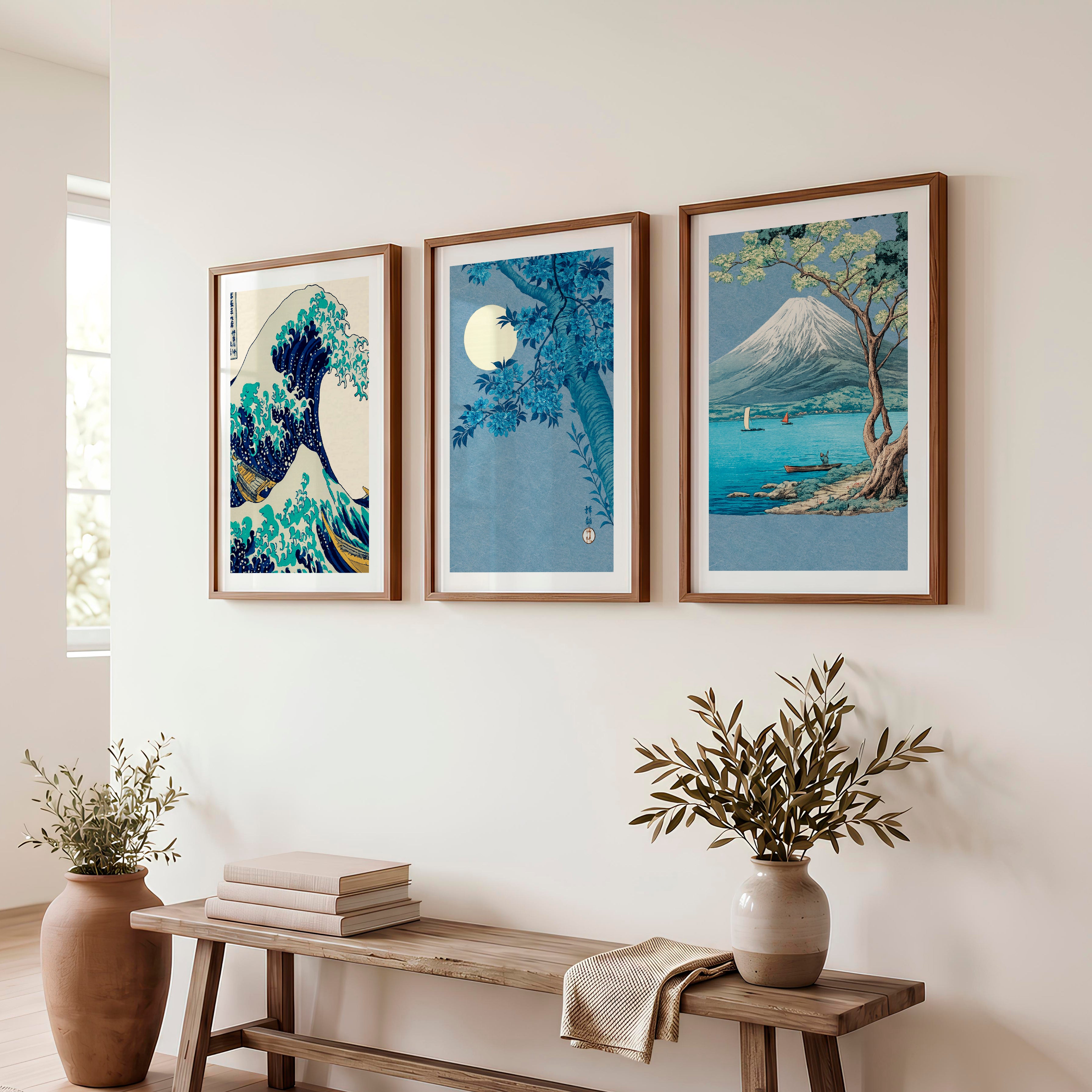 Japanese Scenic Triptych for japandi interior - Dark Brown Framed Poster with White Border - Artworksets