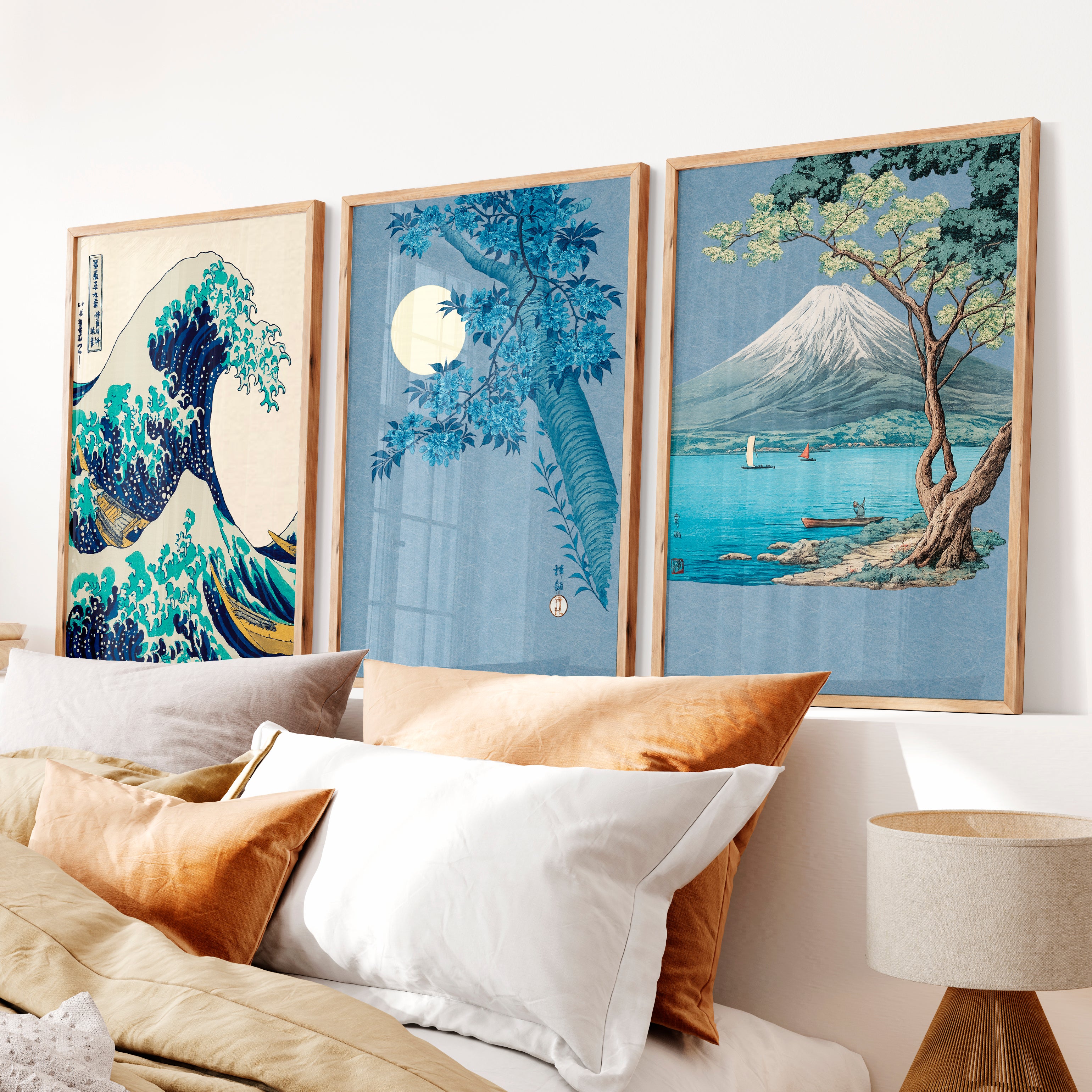 Japanese Scenic Triptych for japandi interior - Natural Wood Framed Poster No Border - Artworksets