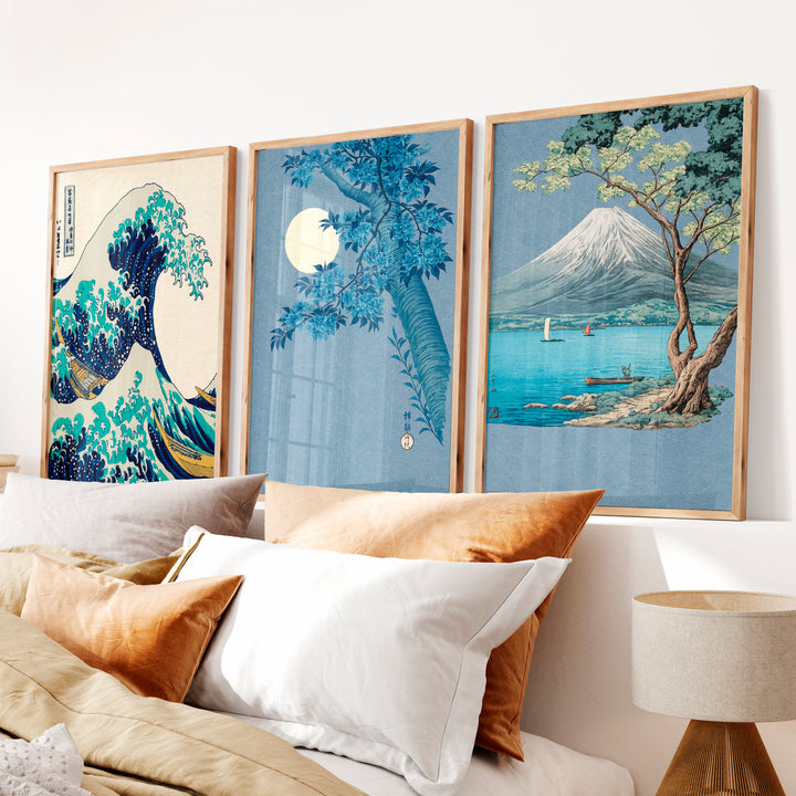 Japanese Scenic Triptych for japandi interior - Natural Wood Framed Poster No Border - Artworksets