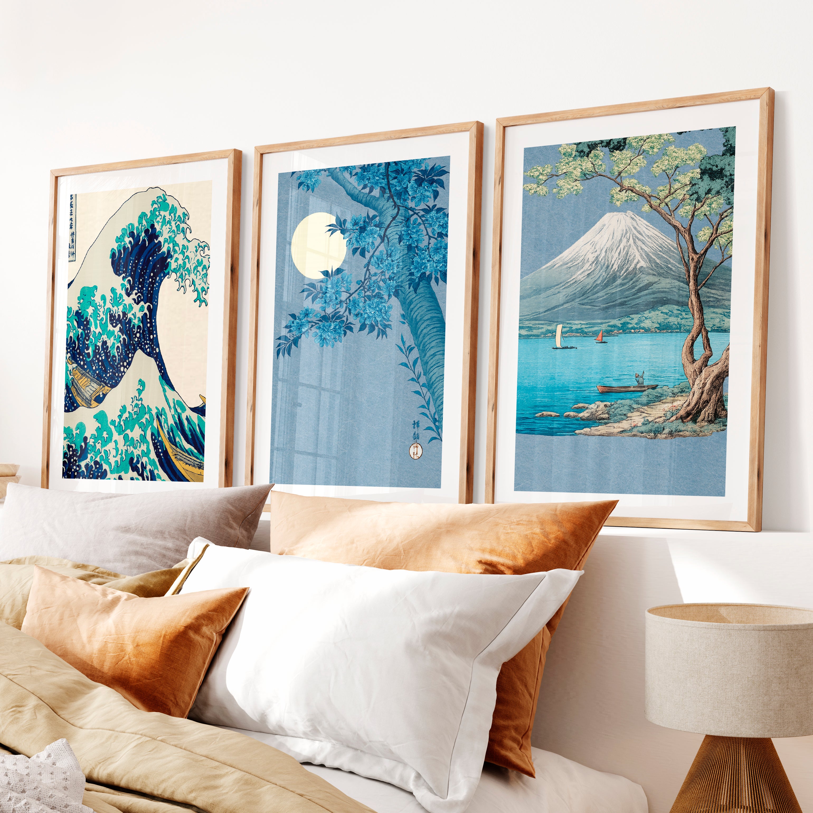 Japanese Scenic Triptych for japandi interior- Natural Wood Framed Poster with White Border - Artworksets