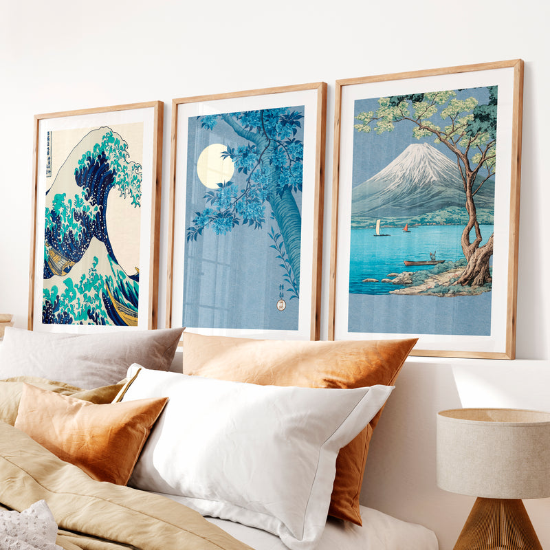 Japanese Scenic Triptych for japandi interior- Natural Wood Framed Poster with White Border - Artworksets