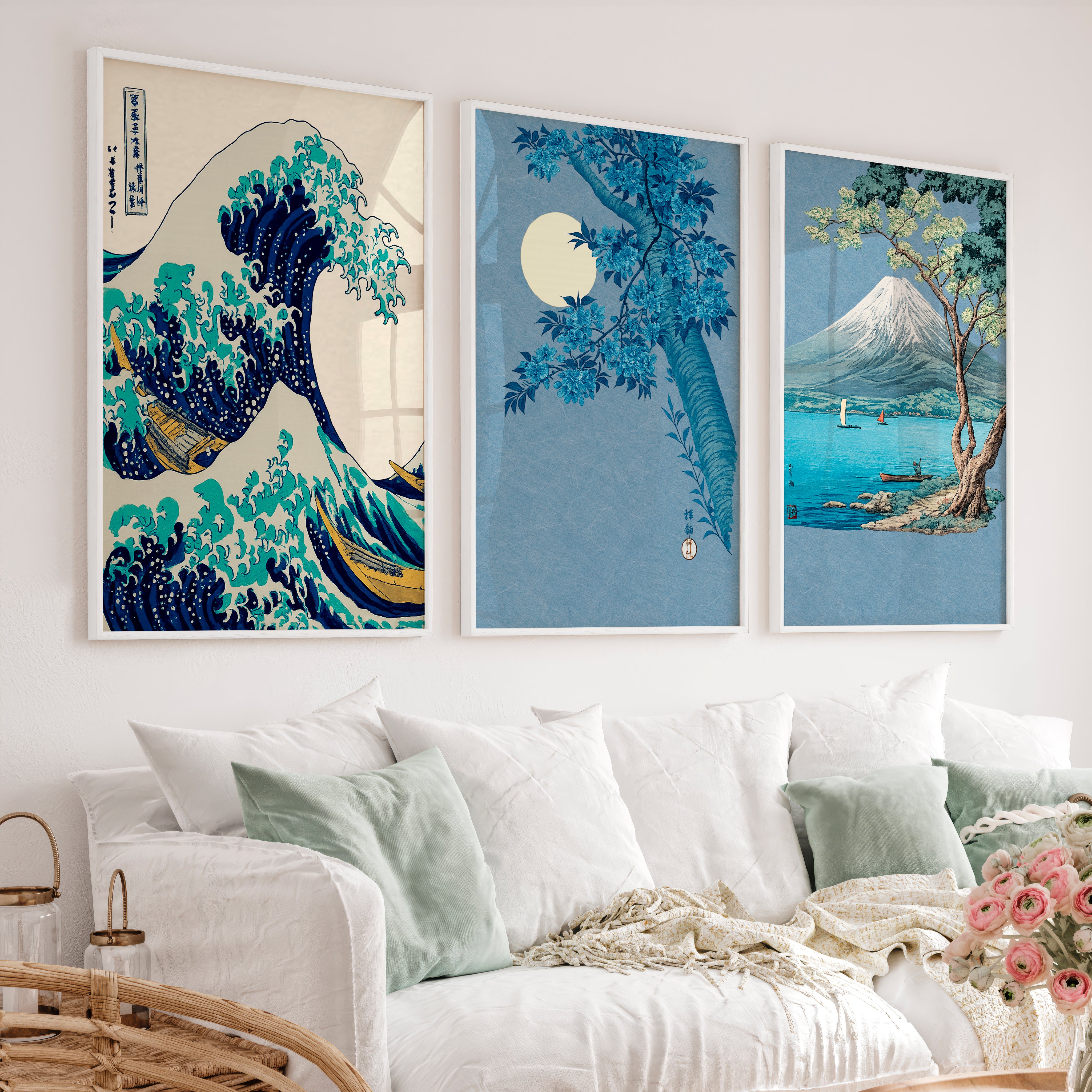 Japanese Scenic Triptych for japandi interior - White Framed Poster No Border - Artworksets