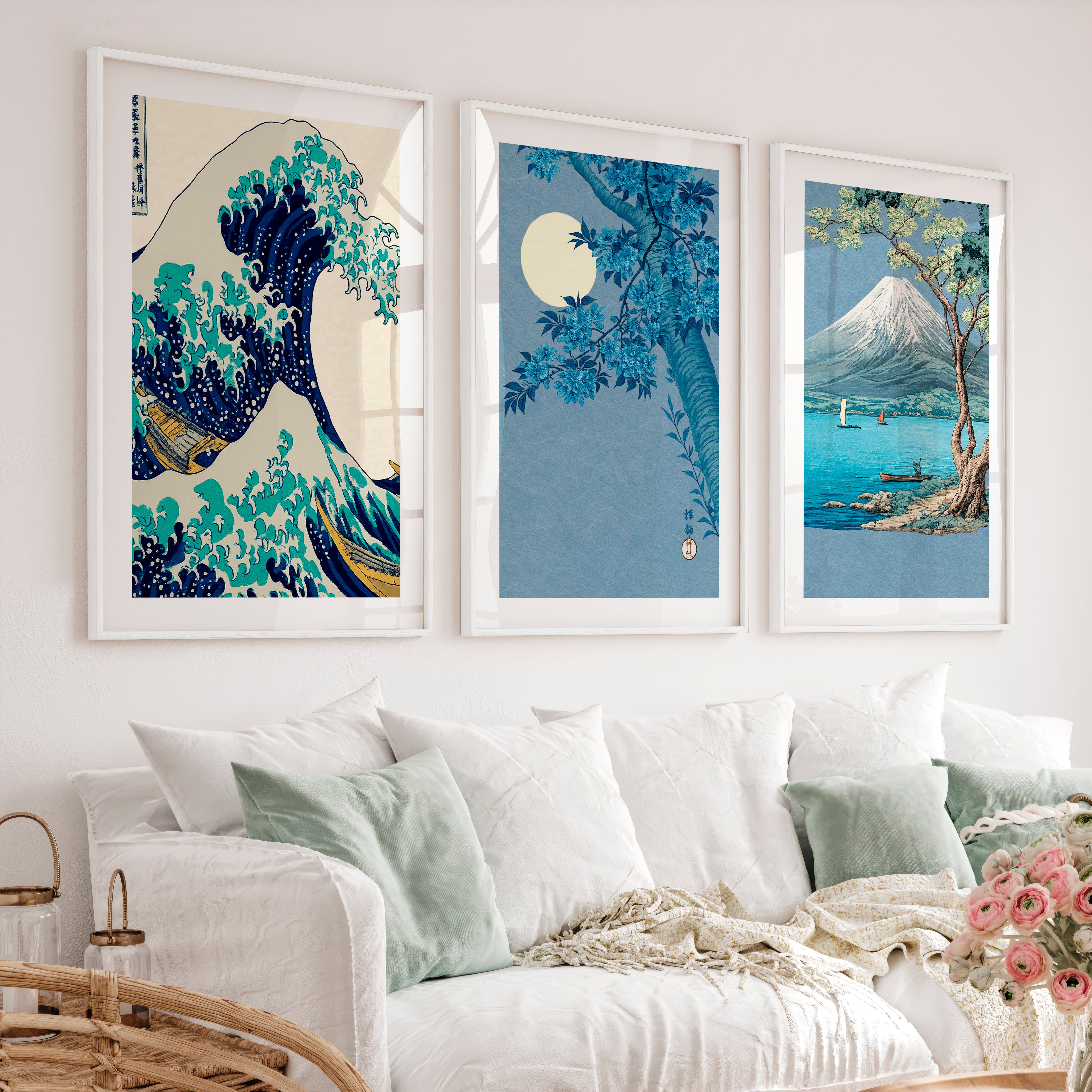 Japanese Scenic Triptych for japandi interior - White Framed Poster with White Border - Artworksets