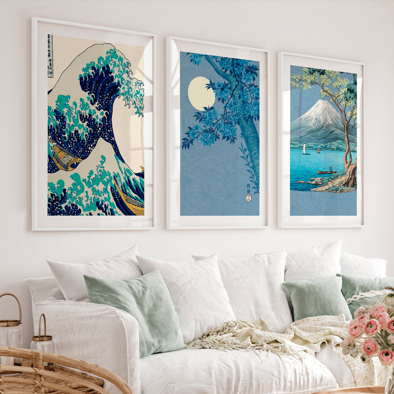 Japanese Scenic Triptych for japandi interior - White Framed Poster with White Border - Artworksets