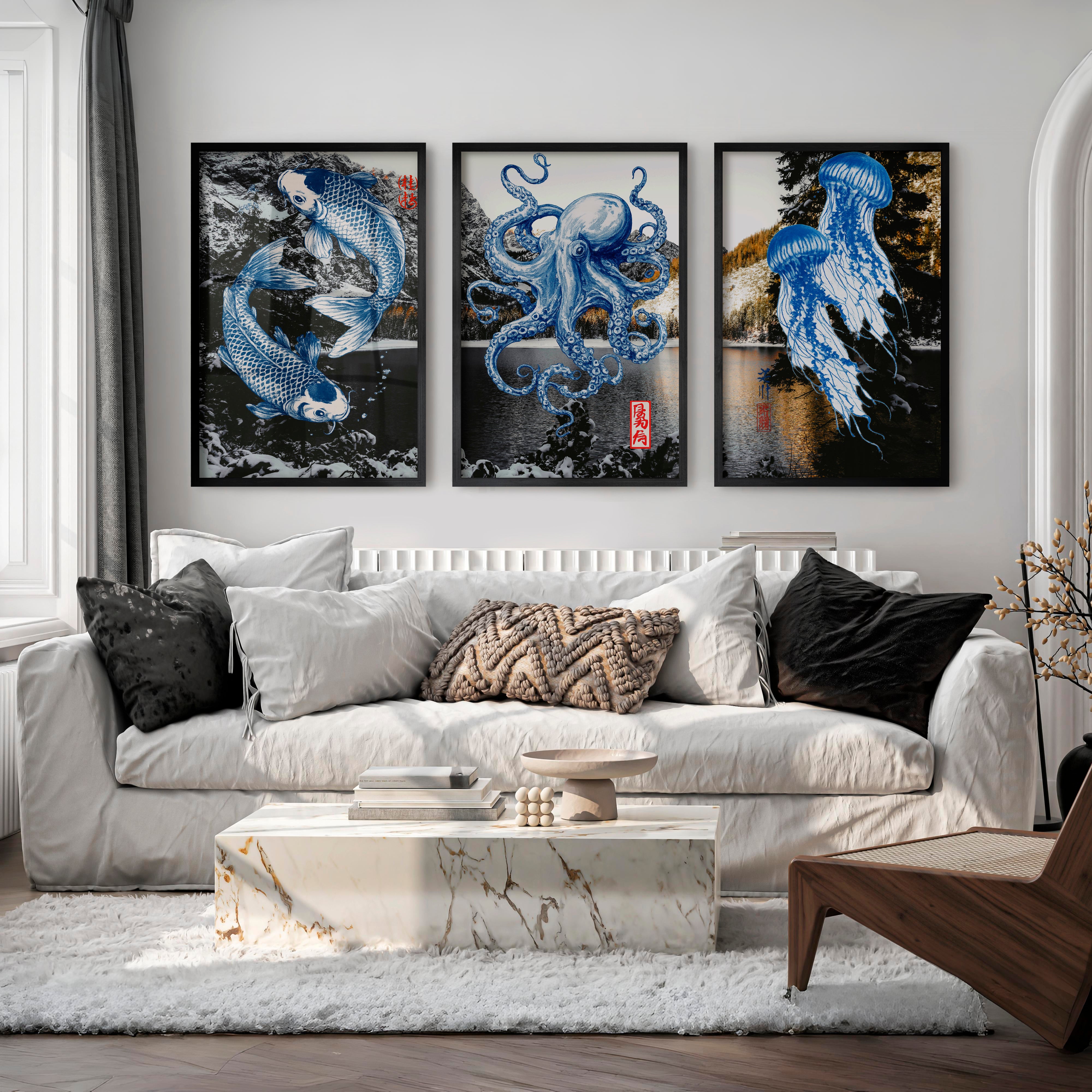 Blue Marine Ink Panels for japandi - Black Framed Poster No Border - Artworksets