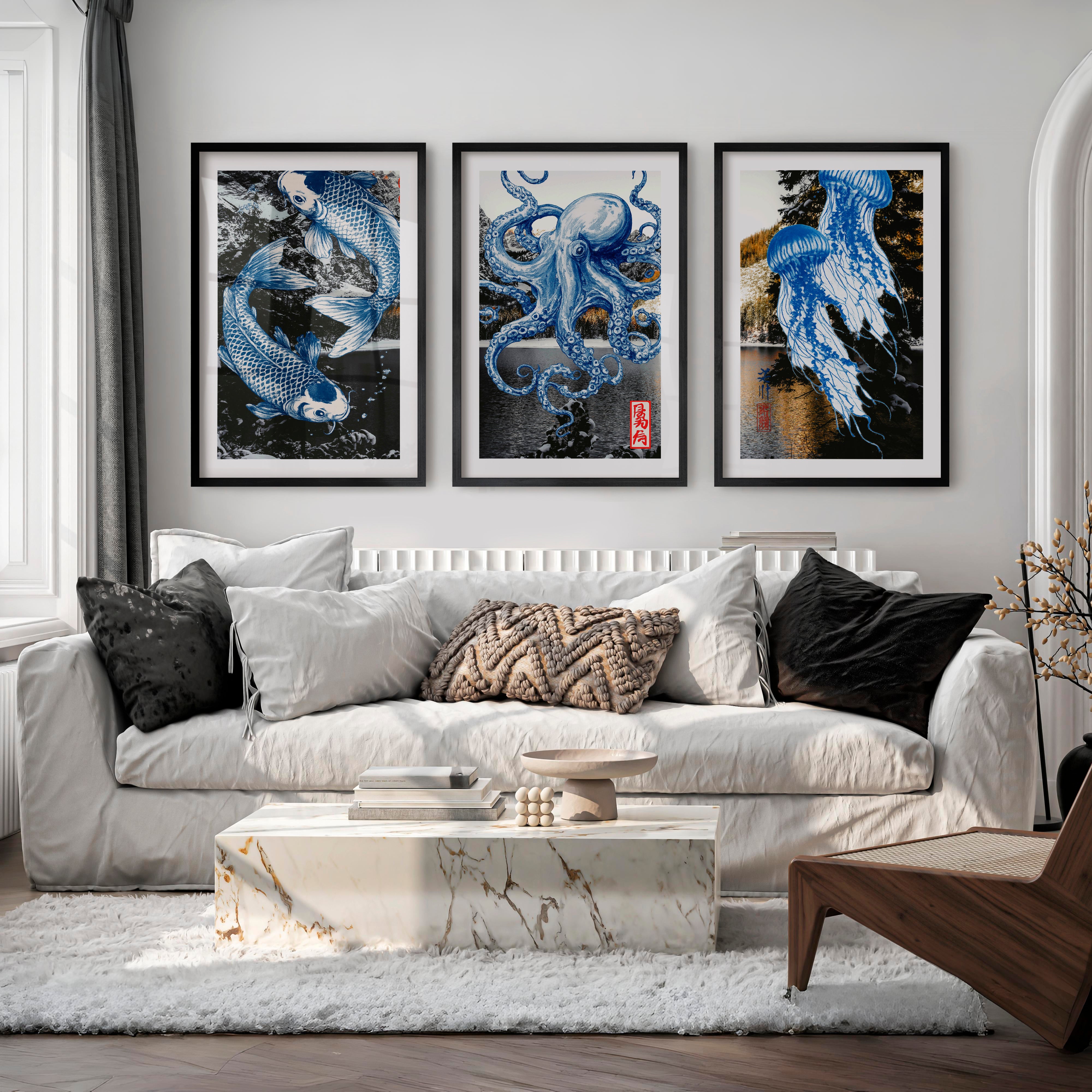 Blue Marine Ink Panels for japandi - Black Framed Poster with White Border - Artworksets