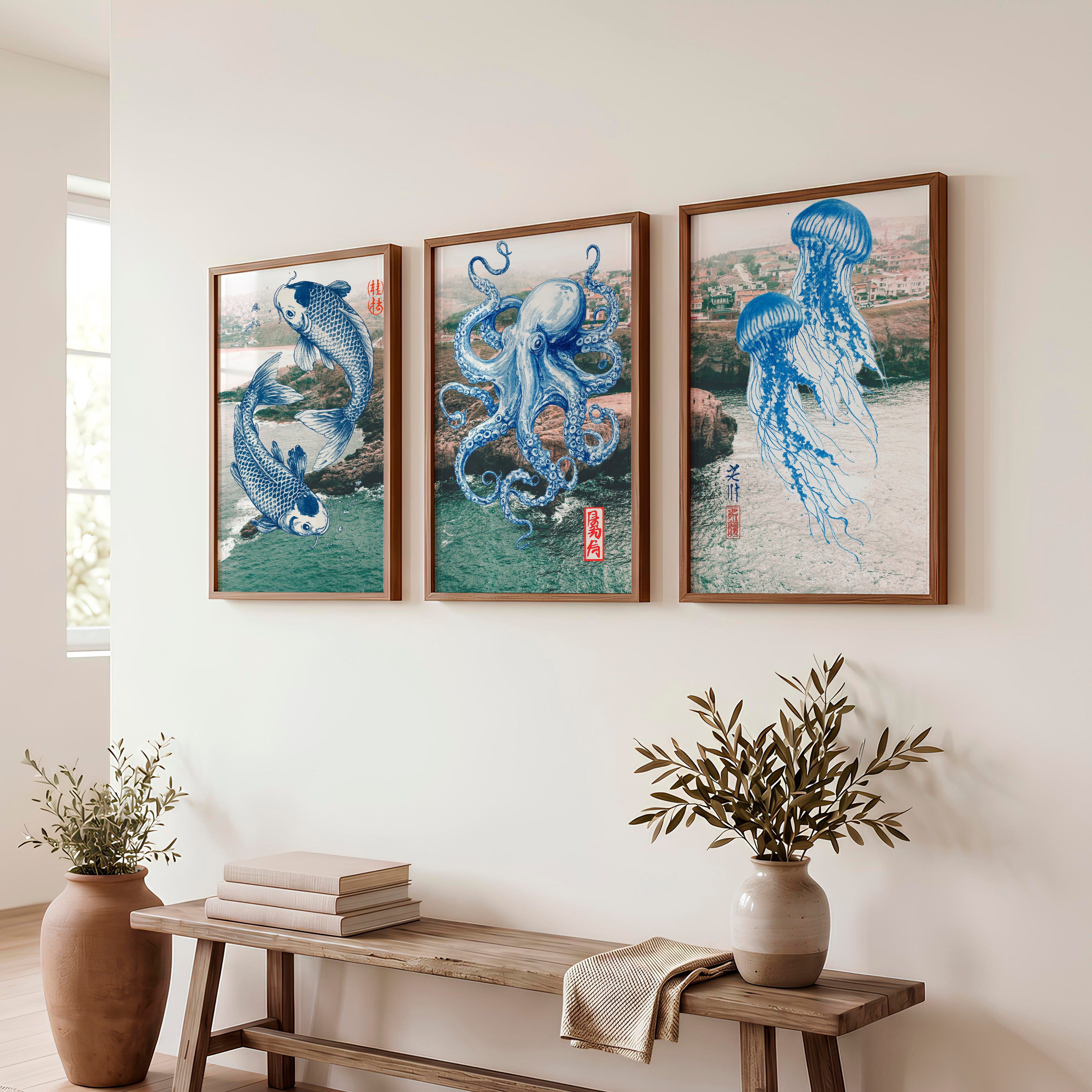Blue Marine Ink Panels for japandi - Dark Brown Framed Poster No Border - Artworksets