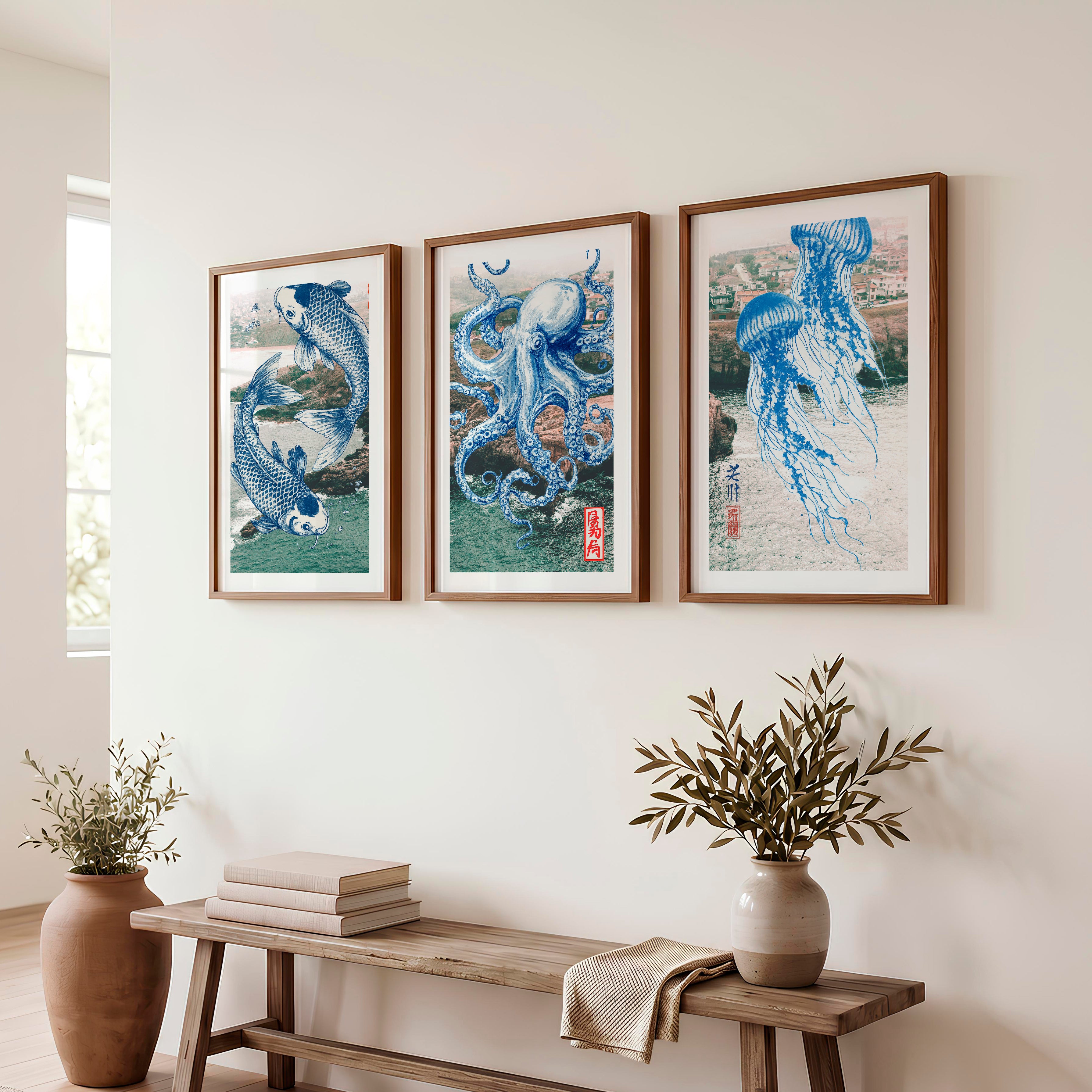 Blue Marine Ink Panels for japandi - Dark Brown Framed Poster with White Border - Artworksets