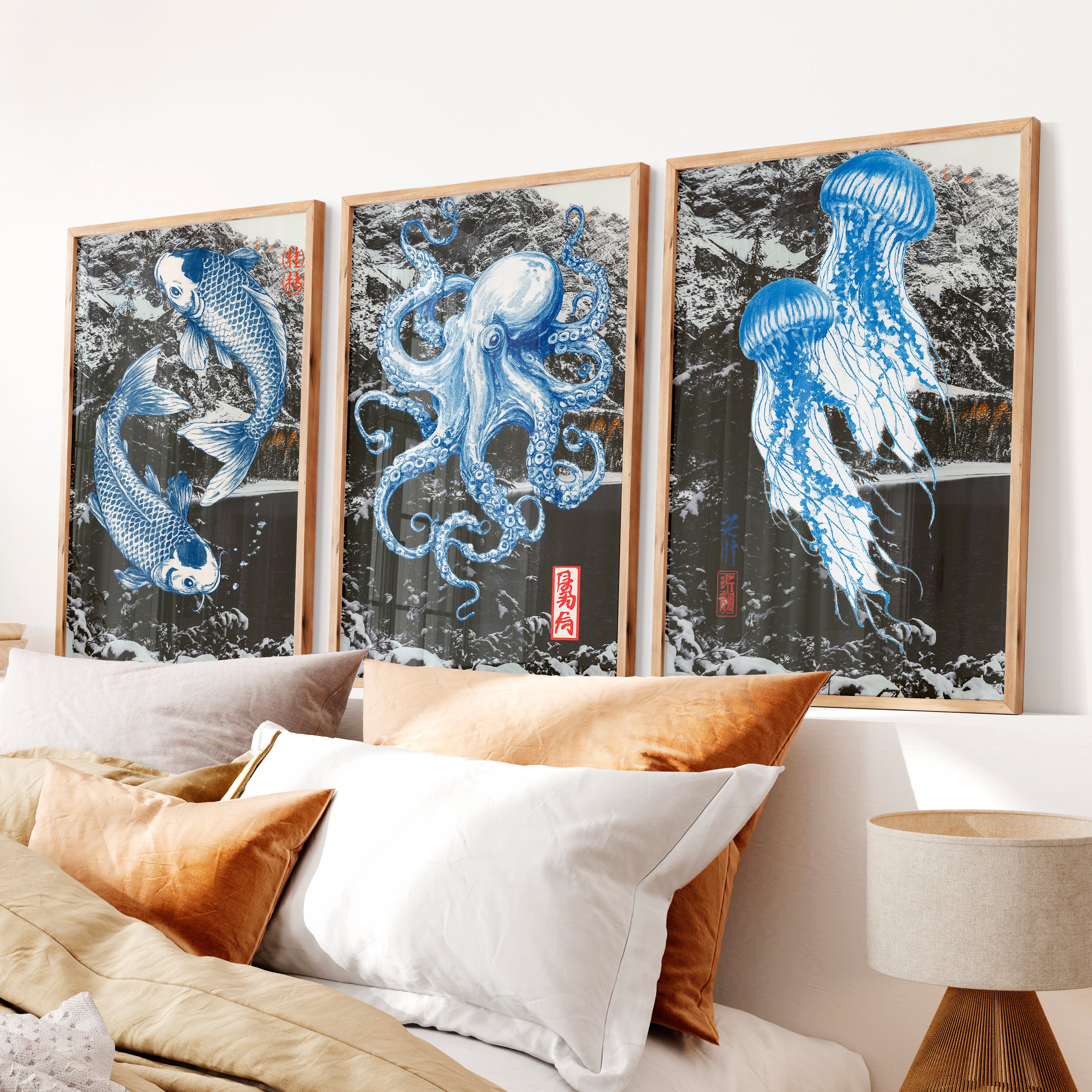Blue Marine Ink Panels for japandi - Natural Wood Framed Poster No Border - Artworksets