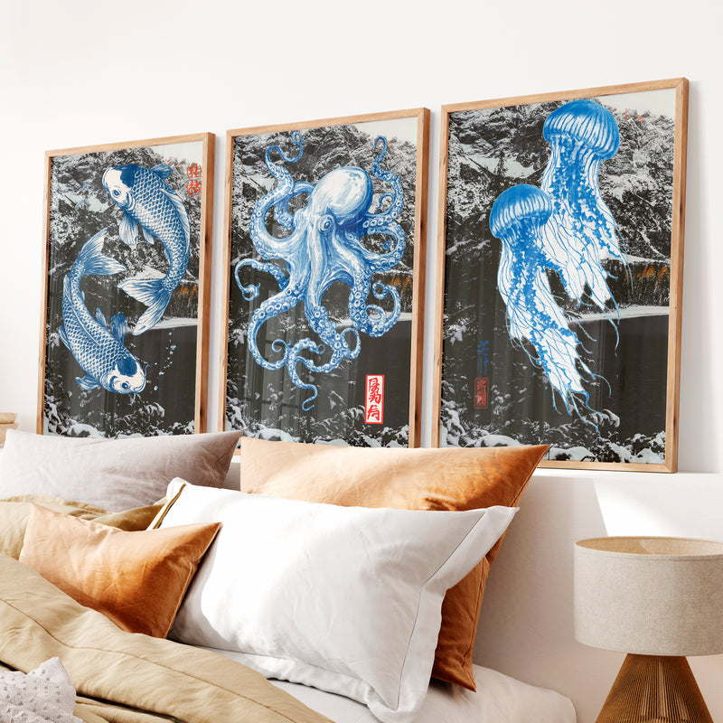 Blue Marine Ink Panels for japandi - Natural Wood Framed Poster No Border - Artworksets