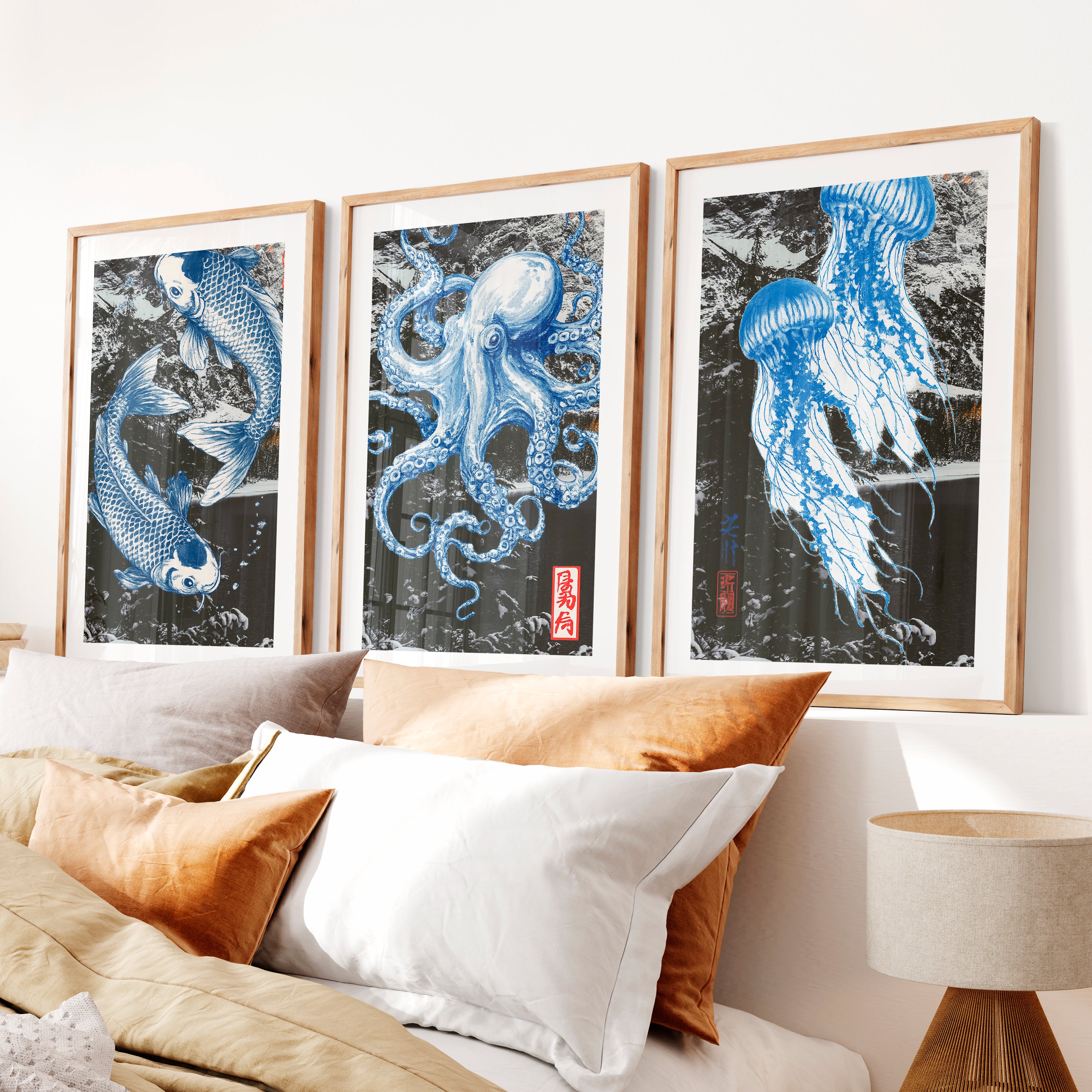 Blue Marine Ink Panels for japandi- Natural Wood Framed Poster with White Border - Artworksets