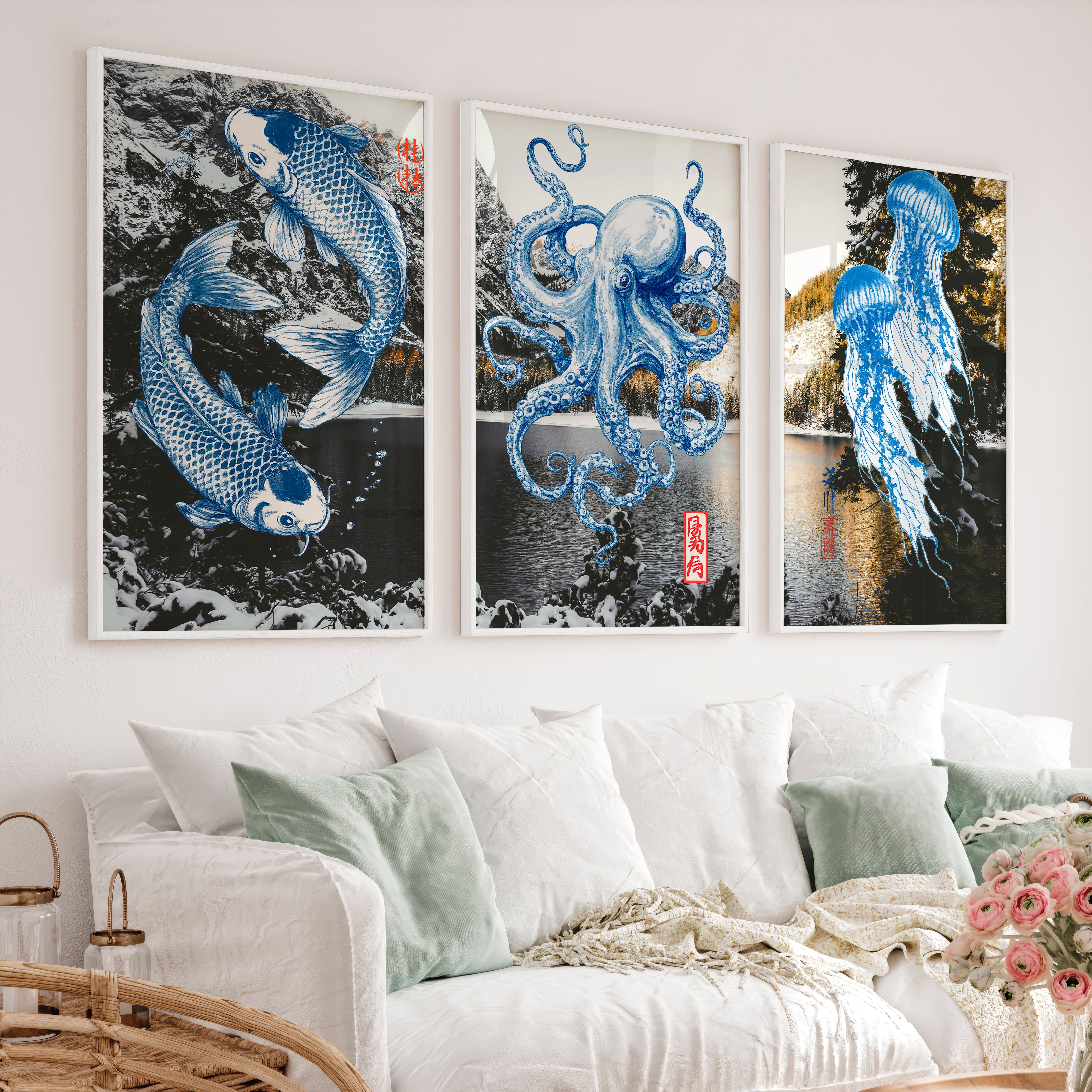 Blue Marine Ink Panels for japandi - White Framed Poster No Border - Artworksets