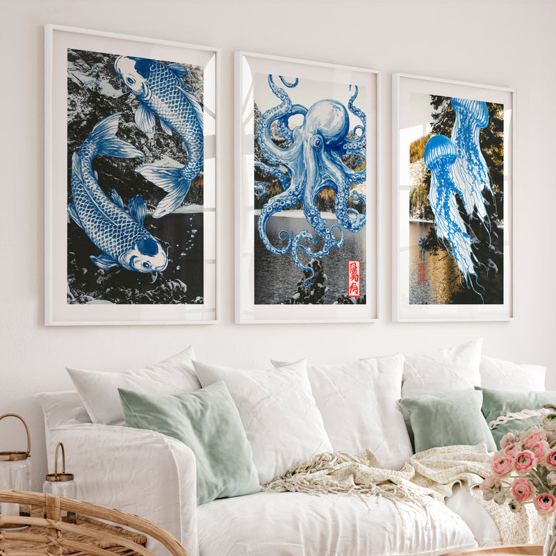 Blue Marine Ink Panels for japandi - White Framed Poster with White Border - Artworksets
