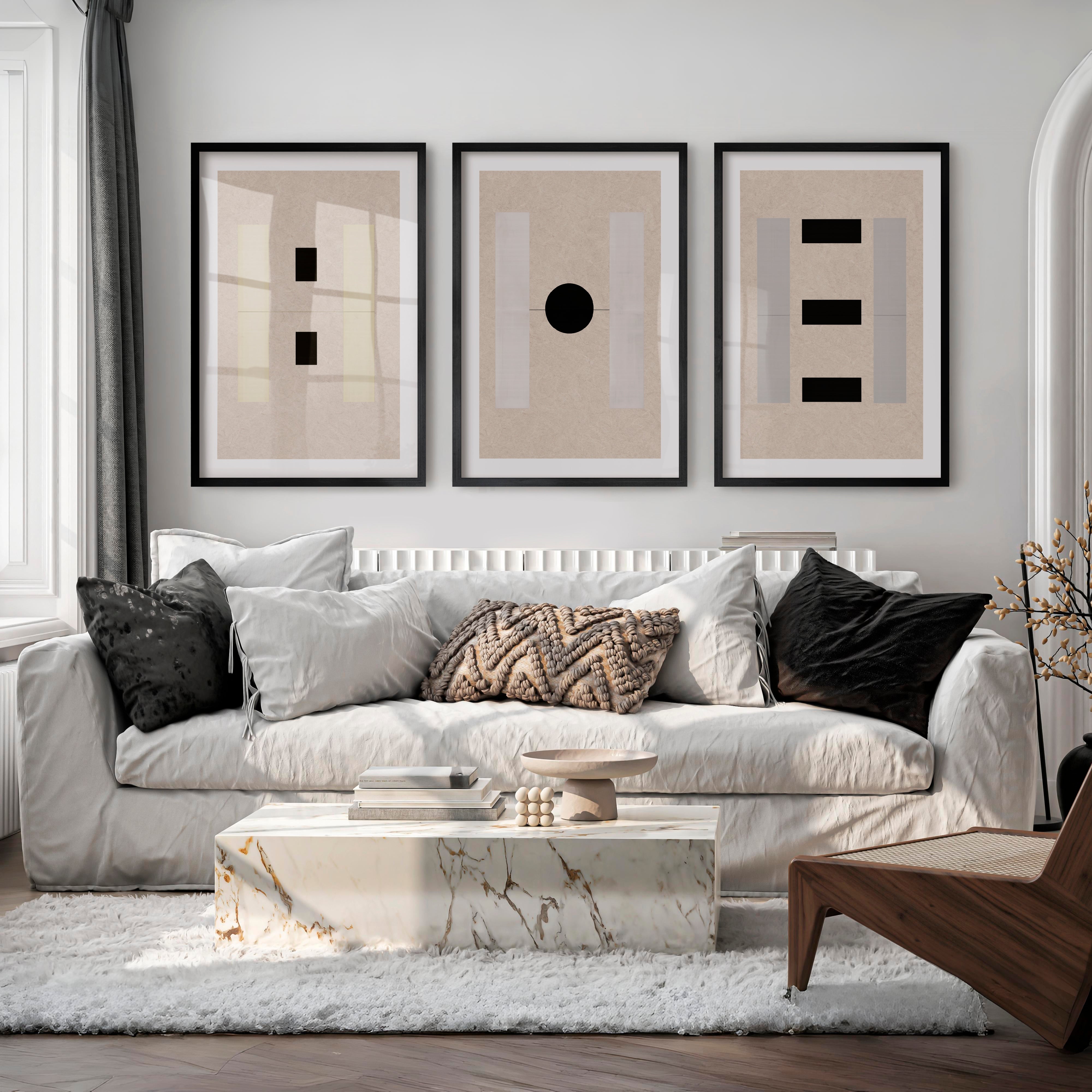 japandi minimalist Geometric Panel Wall Art - Black Framed Poster with White Border - Artworksets