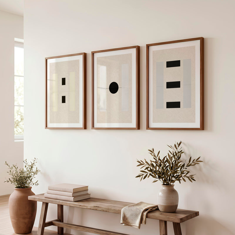 japandi minimalist Geometric Panel Wall Art - Dark Brown Framed Poster with White Border - Artworksets