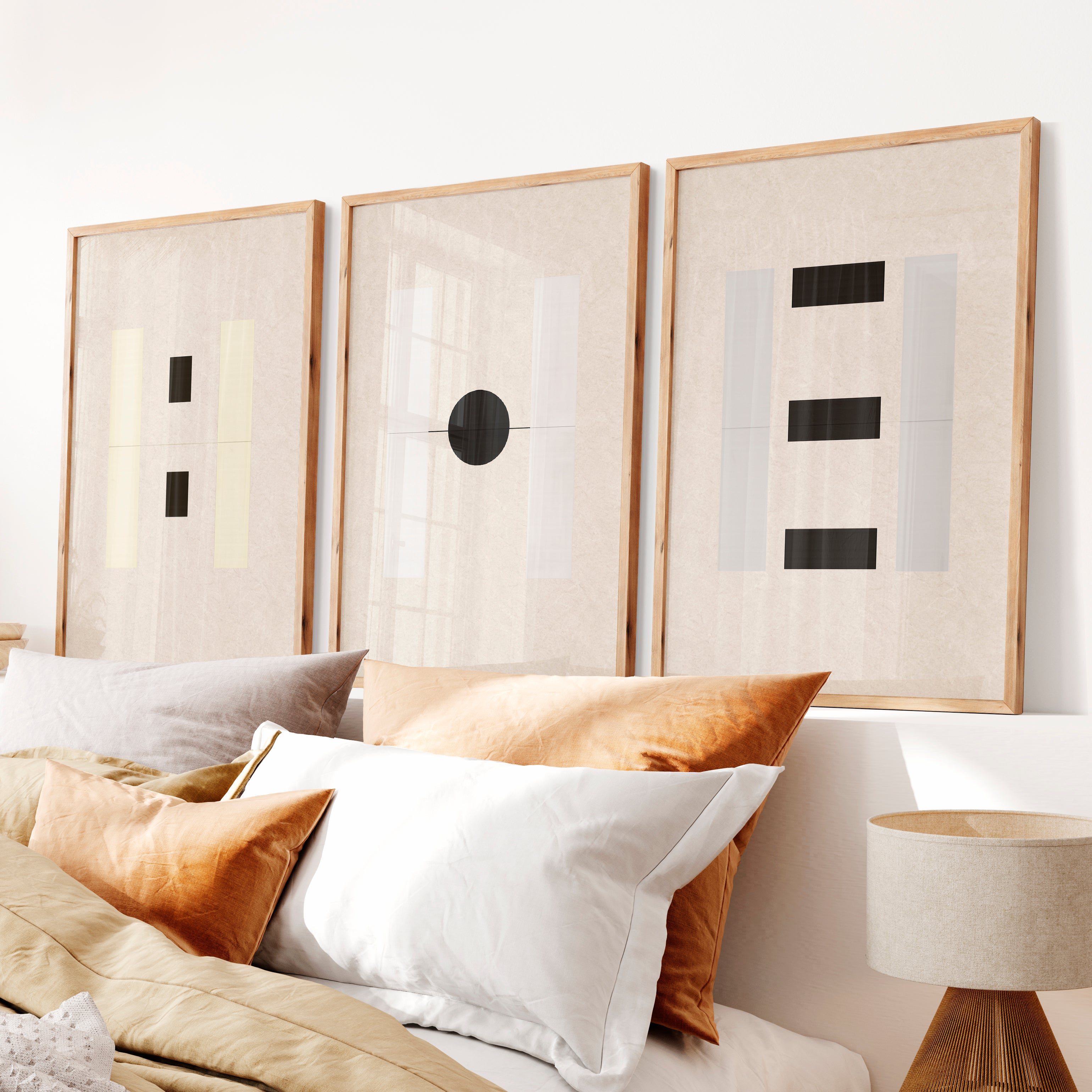 japandi minimalist Geometric Panel Wall Art - Natural Wood Framed Poster No Border - Artworksets