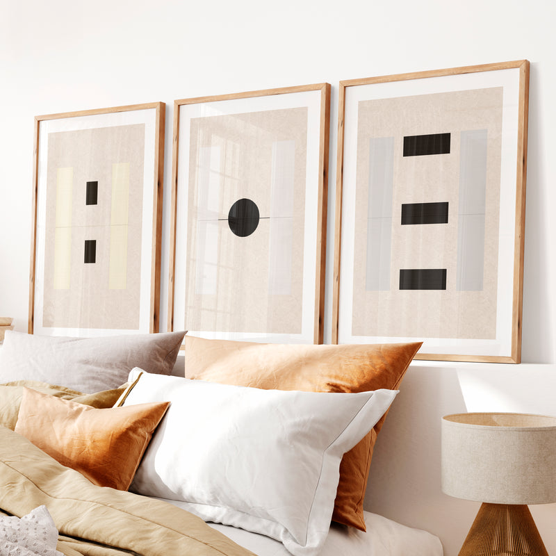 japandi minimalist Geometric Panel Wall Art- Natural Wood Framed Poster with White Border - Artworksets