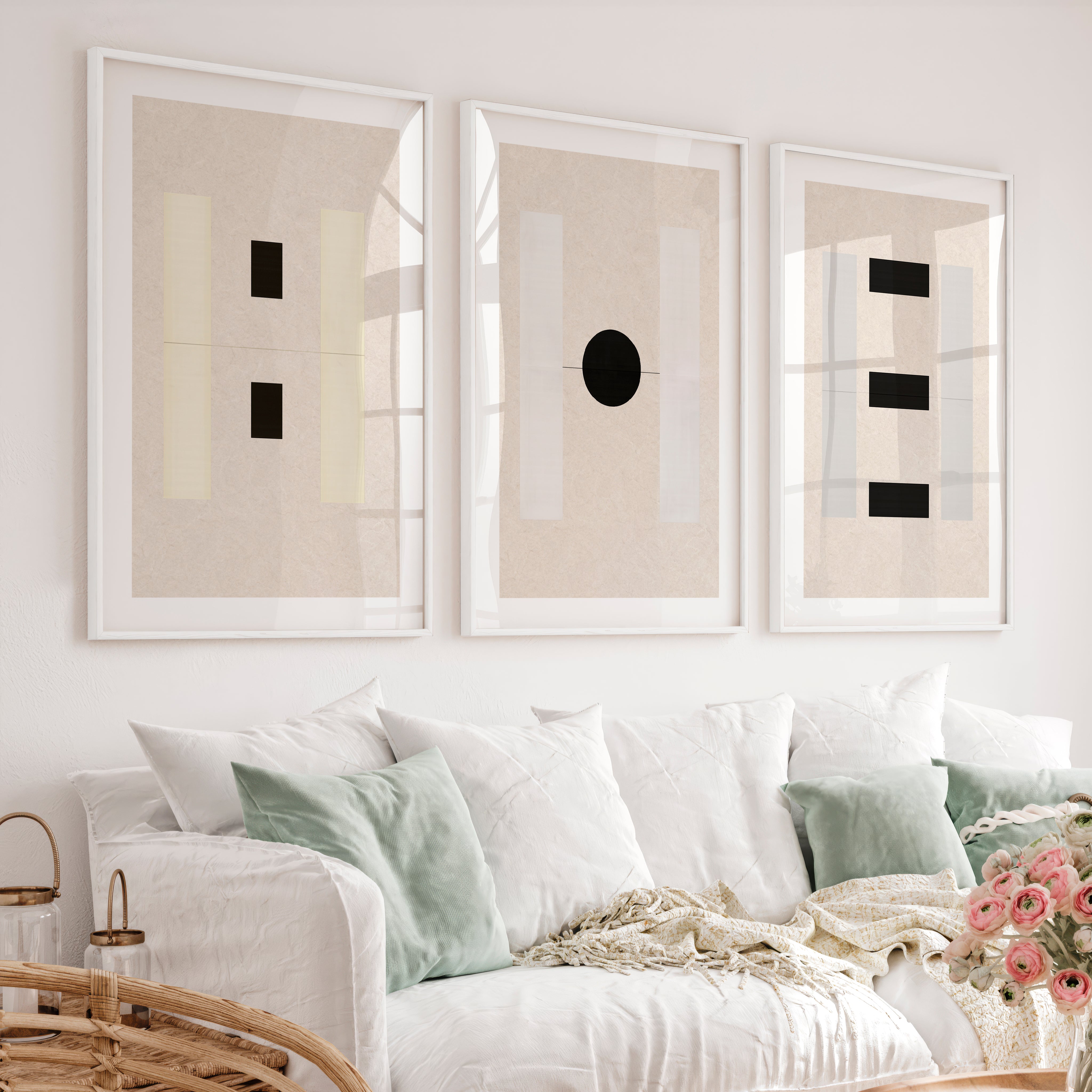japandi minimalist Geometric Panel Wall Art - White Framed Poster with White Border - Artworksets
