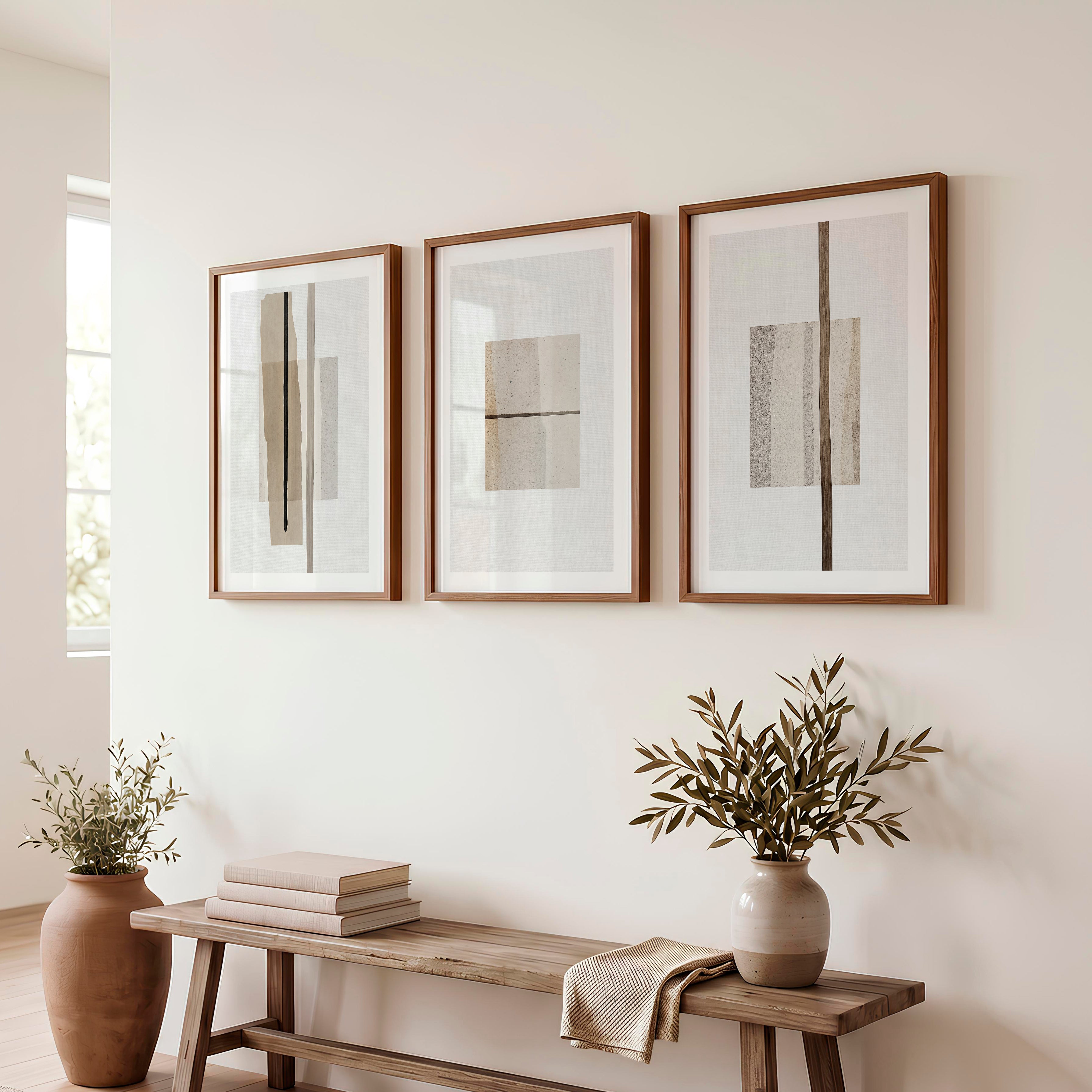 Linear Panels japandi minimalist Wall Art - Dark Brown Framed Poster with White Border - Artworksets