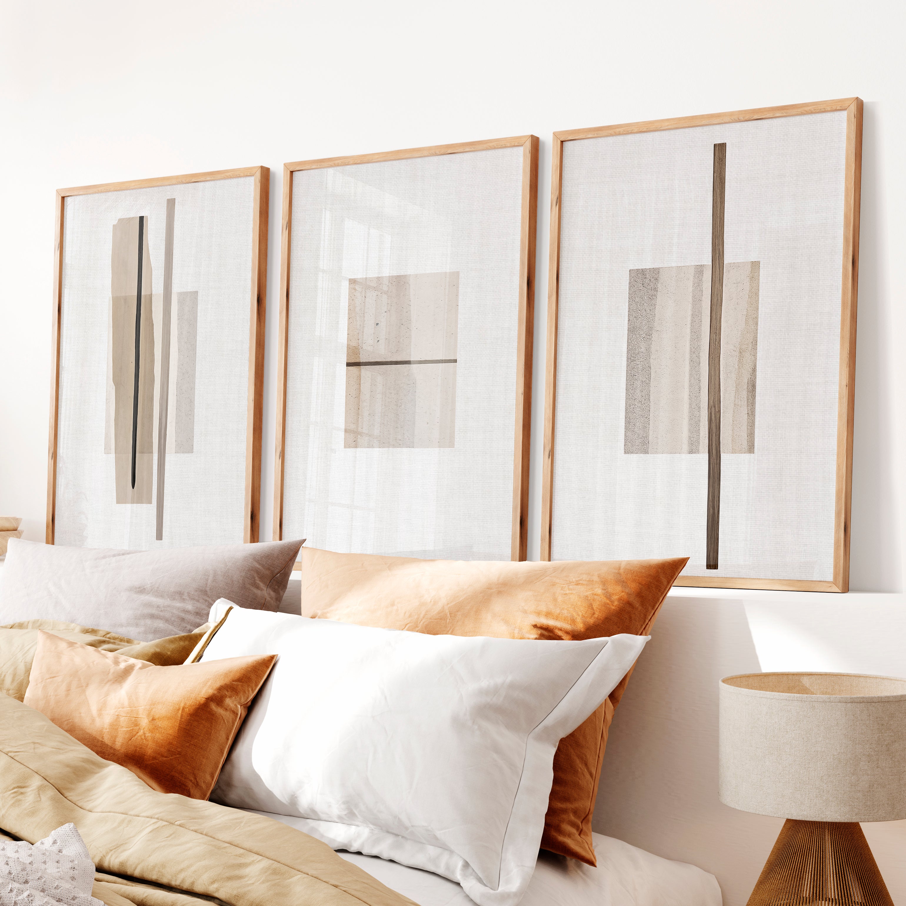 Linear Panels japandi minimalist Wall Art - Natural Wood Framed Poster No Border - Artworksets