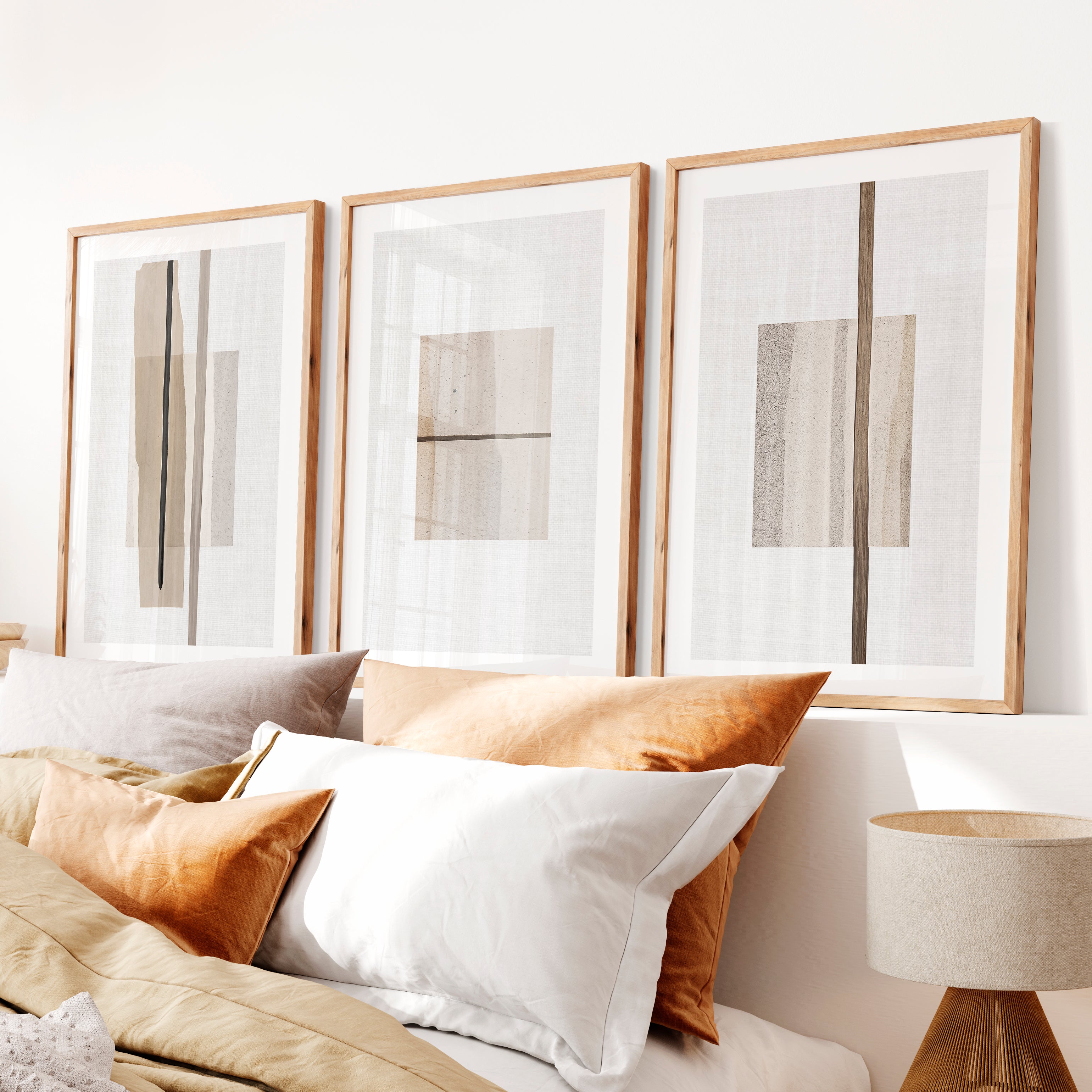 Linear Panels japandi minimalist Wall Art- Natural Wood Framed Poster with White Border - Artworksets