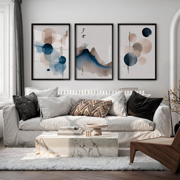 japandi minimalist Blue Ink Mountain - Black Framed Poster No Border - Artworksets