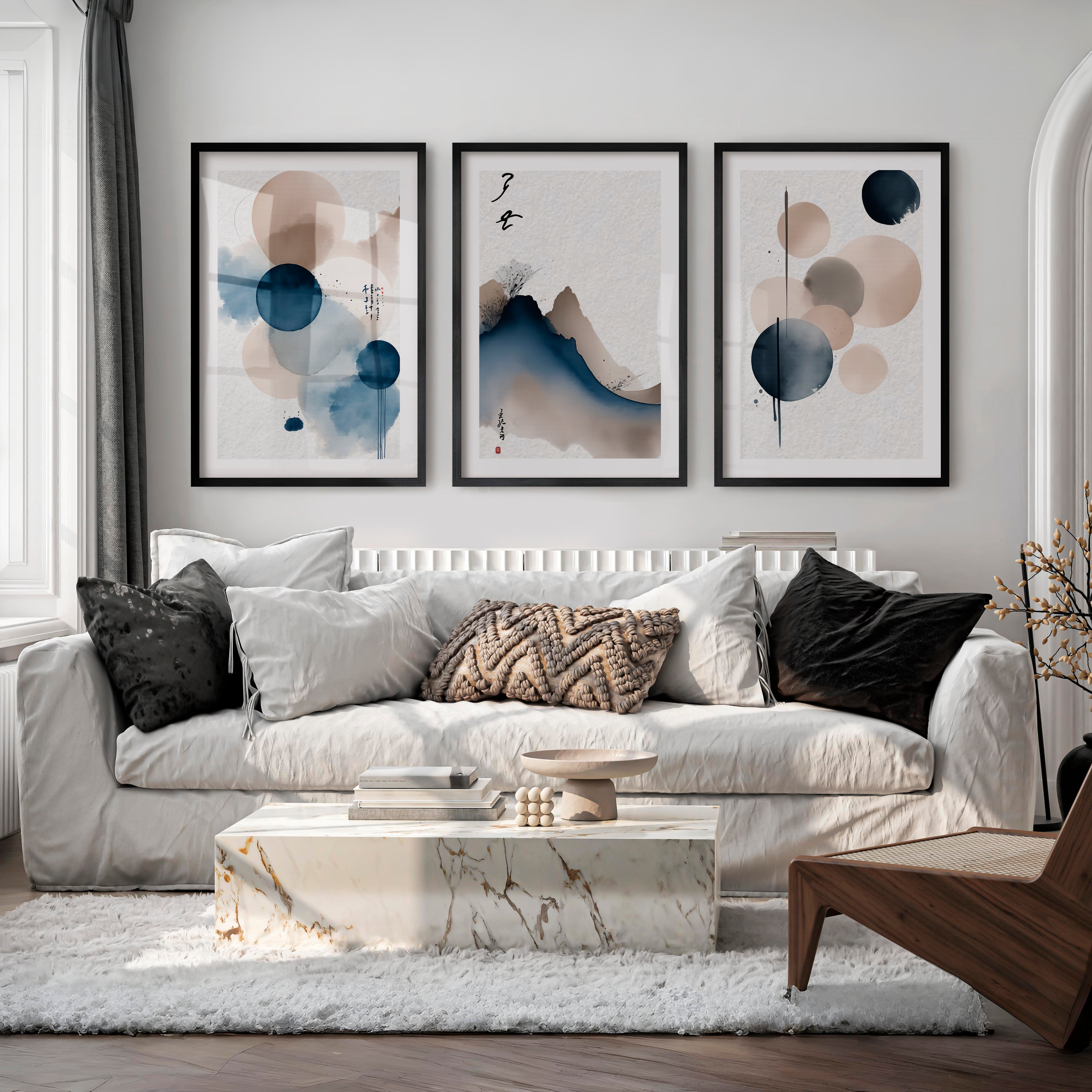 japandi minimalist Blue Ink Mountain - Black Framed Poster with White Border - Artworksets
