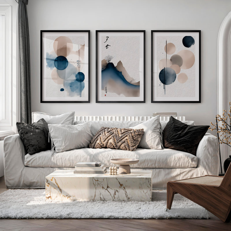 japandi minimalist Blue Ink Mountain - Black Framed Poster with White Border - Artworksets