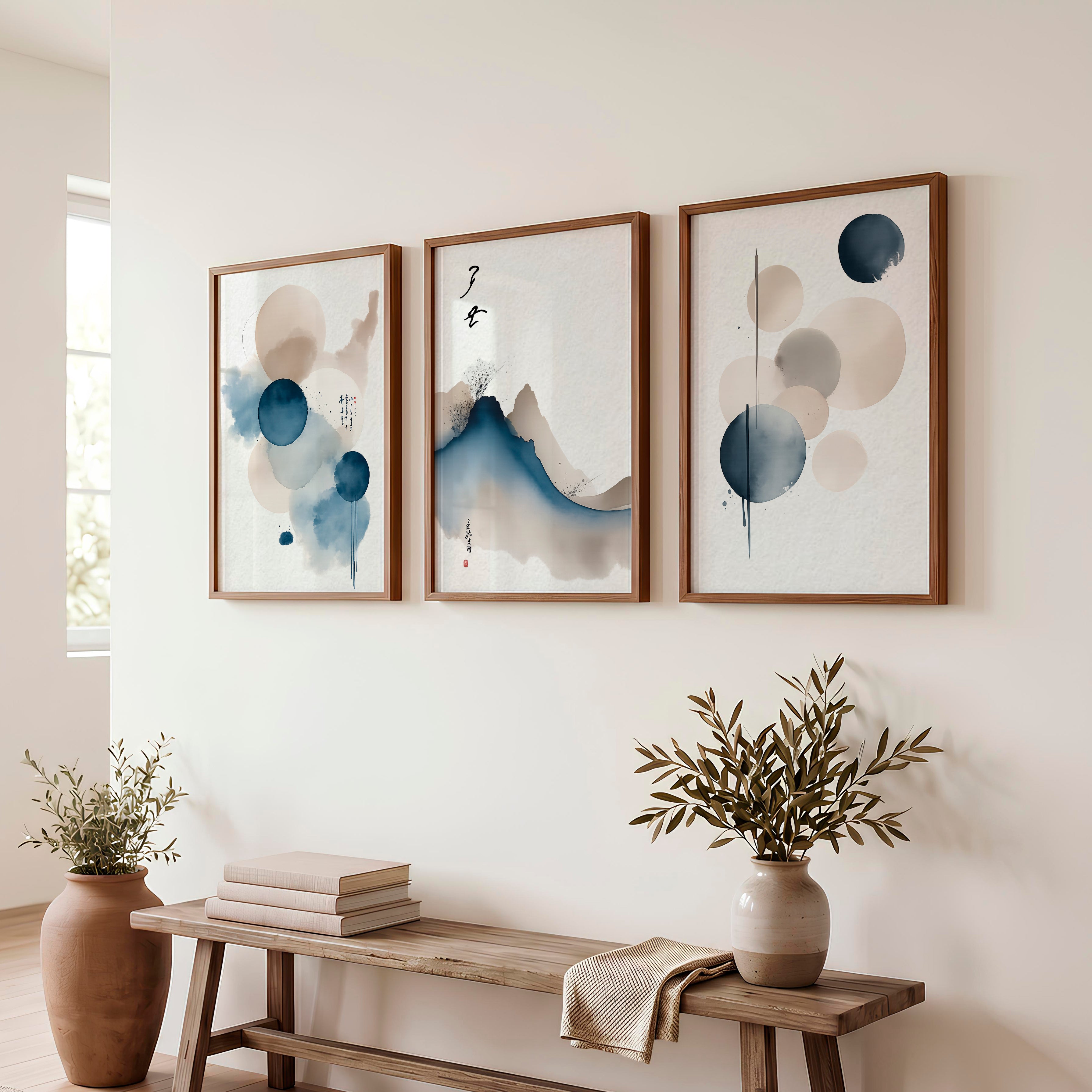 japandi minimalist Blue Ink Mountain - Dark Brown Framed Poster No Border - Artworksets