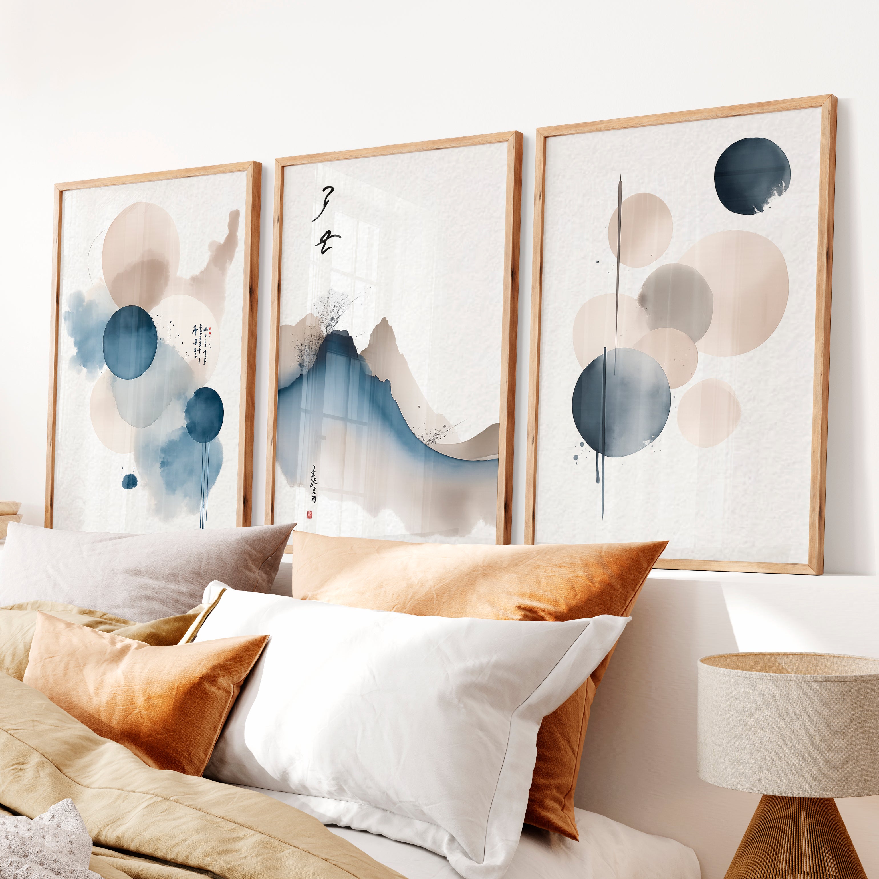 japandi minimalist Blue Ink Mountain - Natural Wood Framed Poster No Border - Artworksets