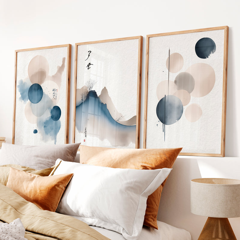 japandi minimalist Blue Ink Mountain - Natural Wood Framed Poster No Border - Artworksets