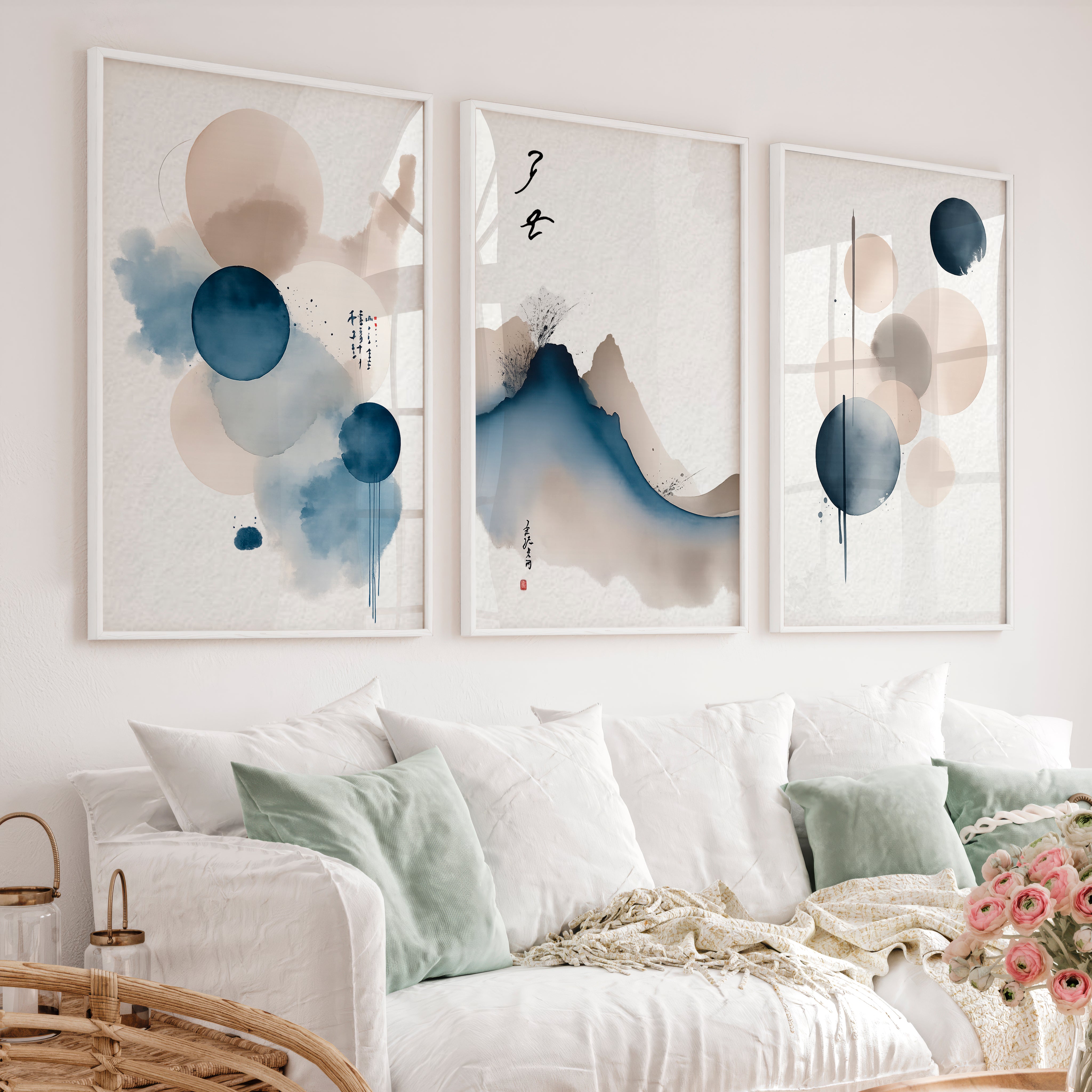 japandi minimalist Blue Ink Mountain - White Framed Poster No Border - Artworksets