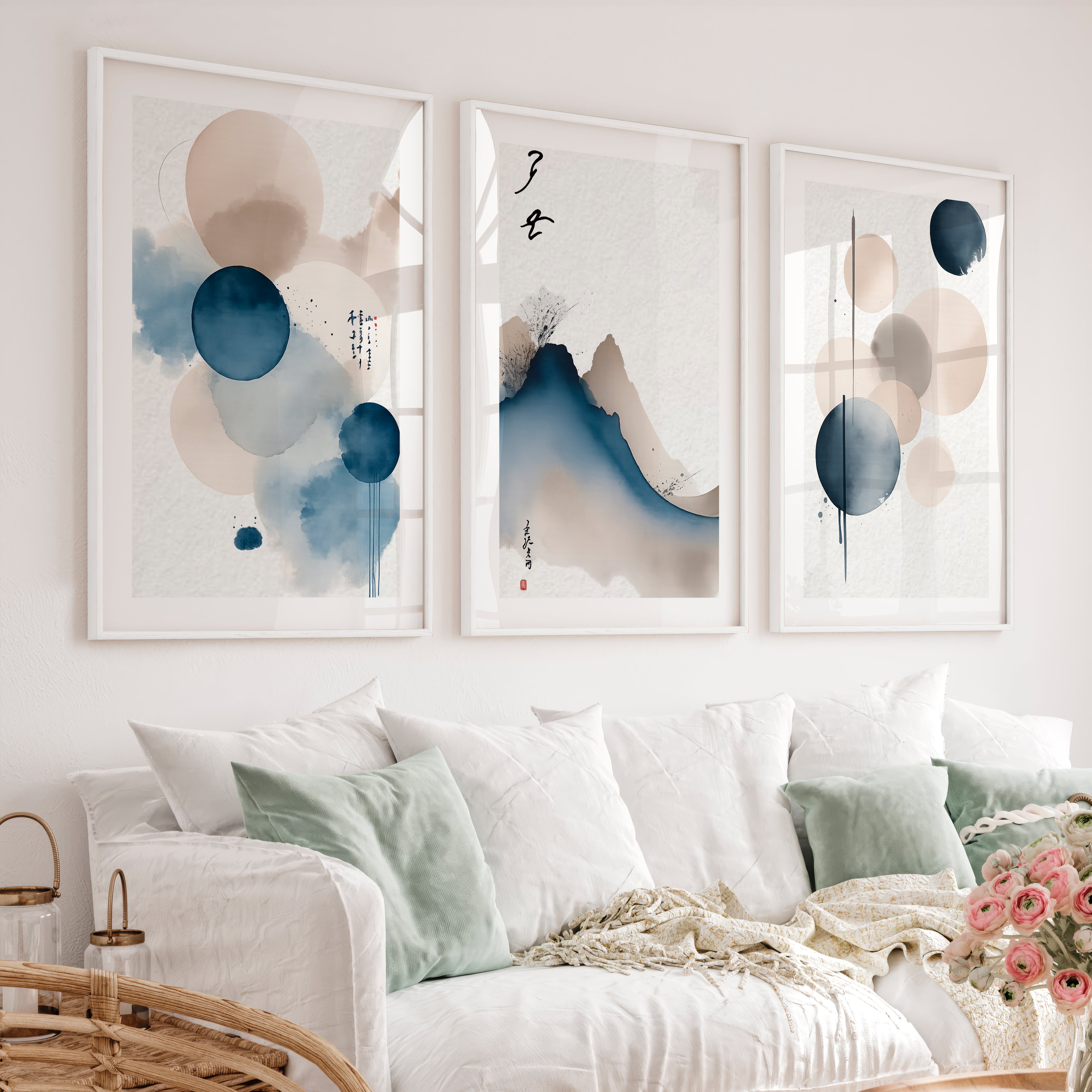 japandi minimalist Blue Ink Mountain - White Framed Poster with White Border - Artworksets