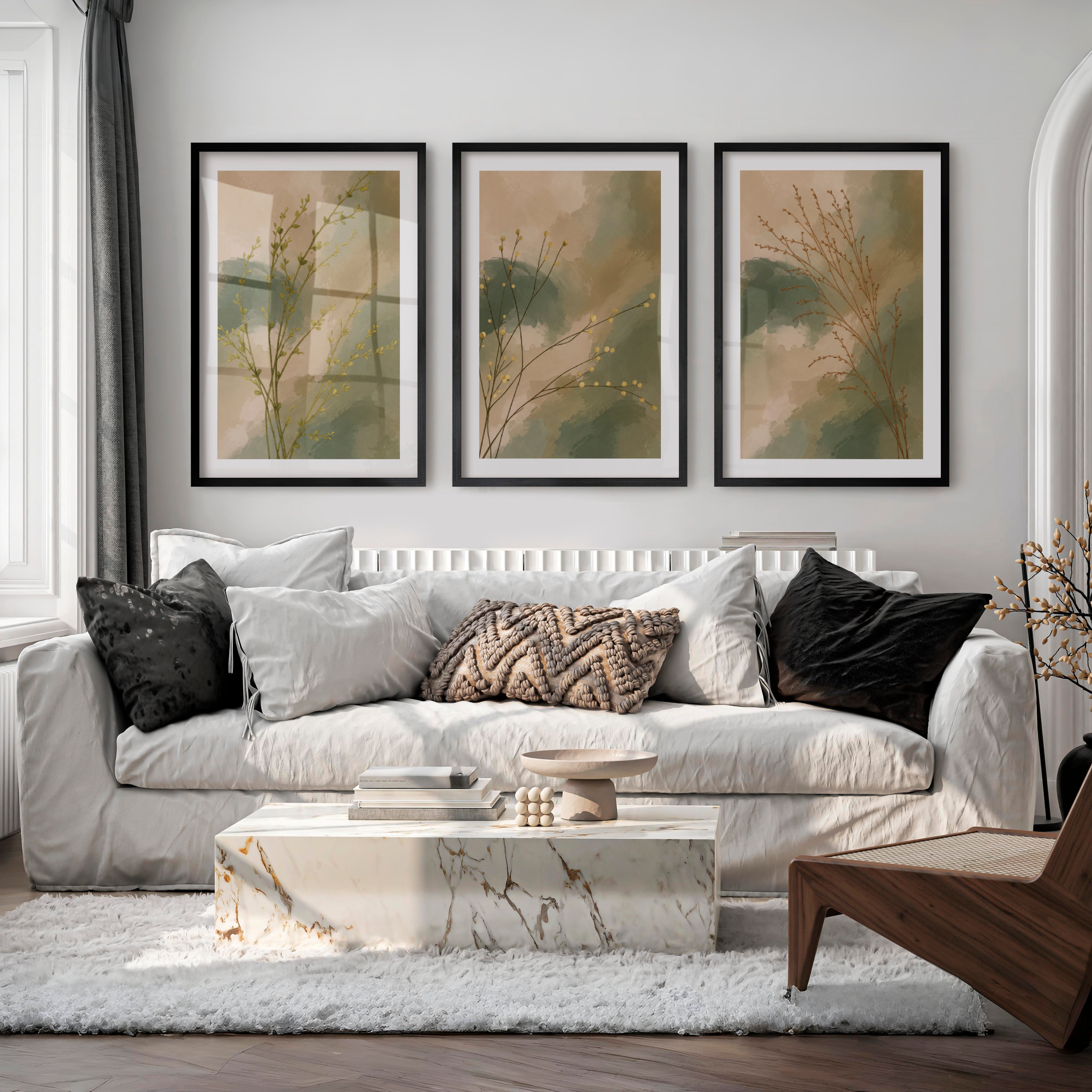 Botanical Stems japandi painting - Black Framed Poster with White Border - Artworksets