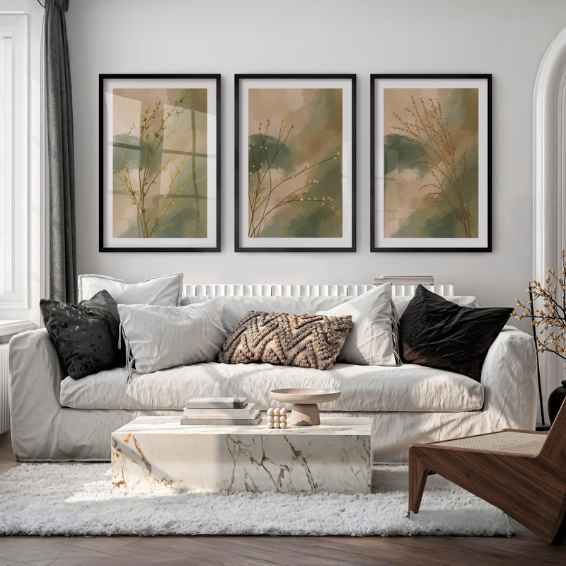 Botanical Stems japandi painting - Black Framed Poster with White Border - Artworksets