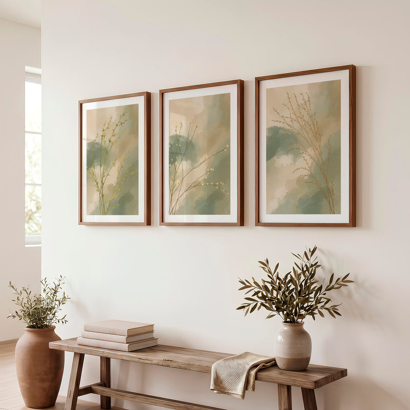 Botanical Stems japandi painting - Dark Brown Framed Poster with White Border - Artworksets