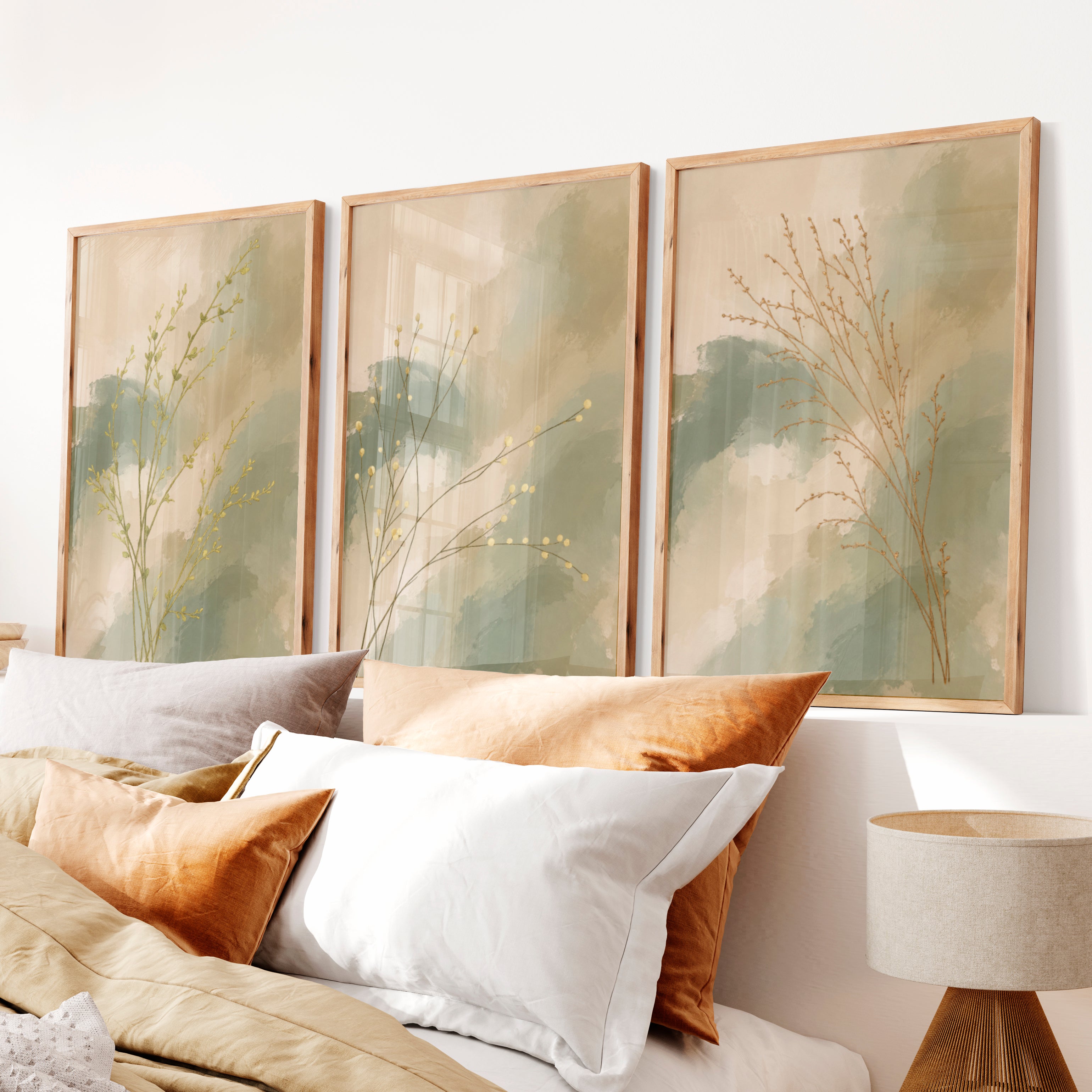 Botanical Stems japandi painting - Natural Wood Framed Poster No Border - Artworksets