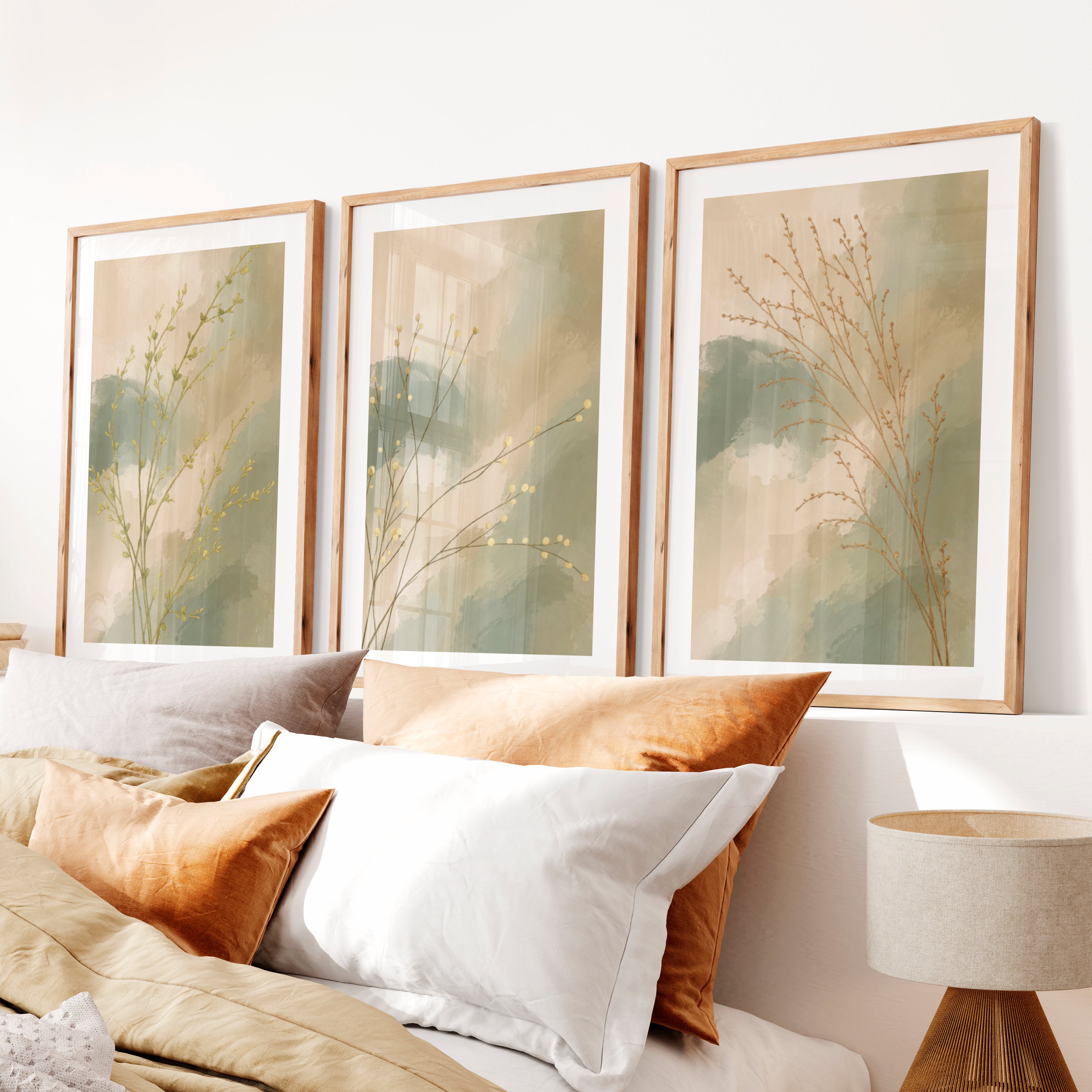 Botanical Stems japandi painting- Natural Wood Framed Poster with White Border - Artworksets