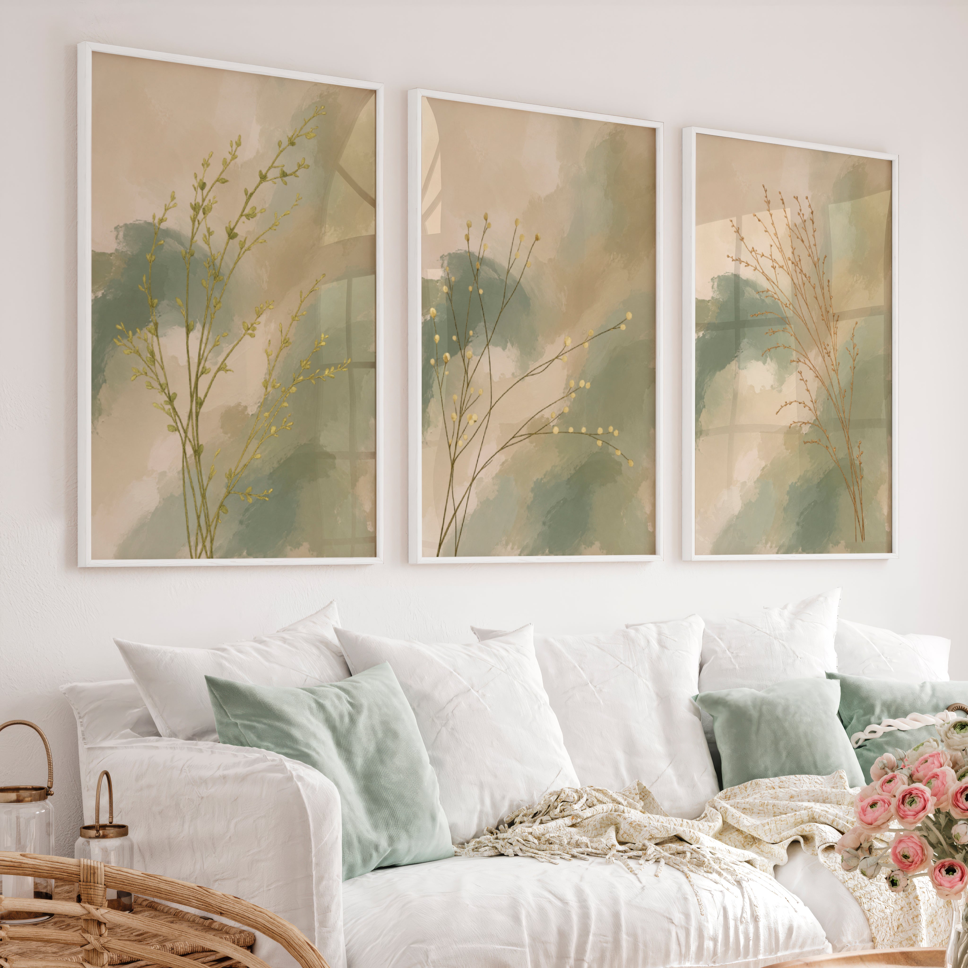 Botanical Stems japandi painting - White Framed Poster No Border - Artworksets