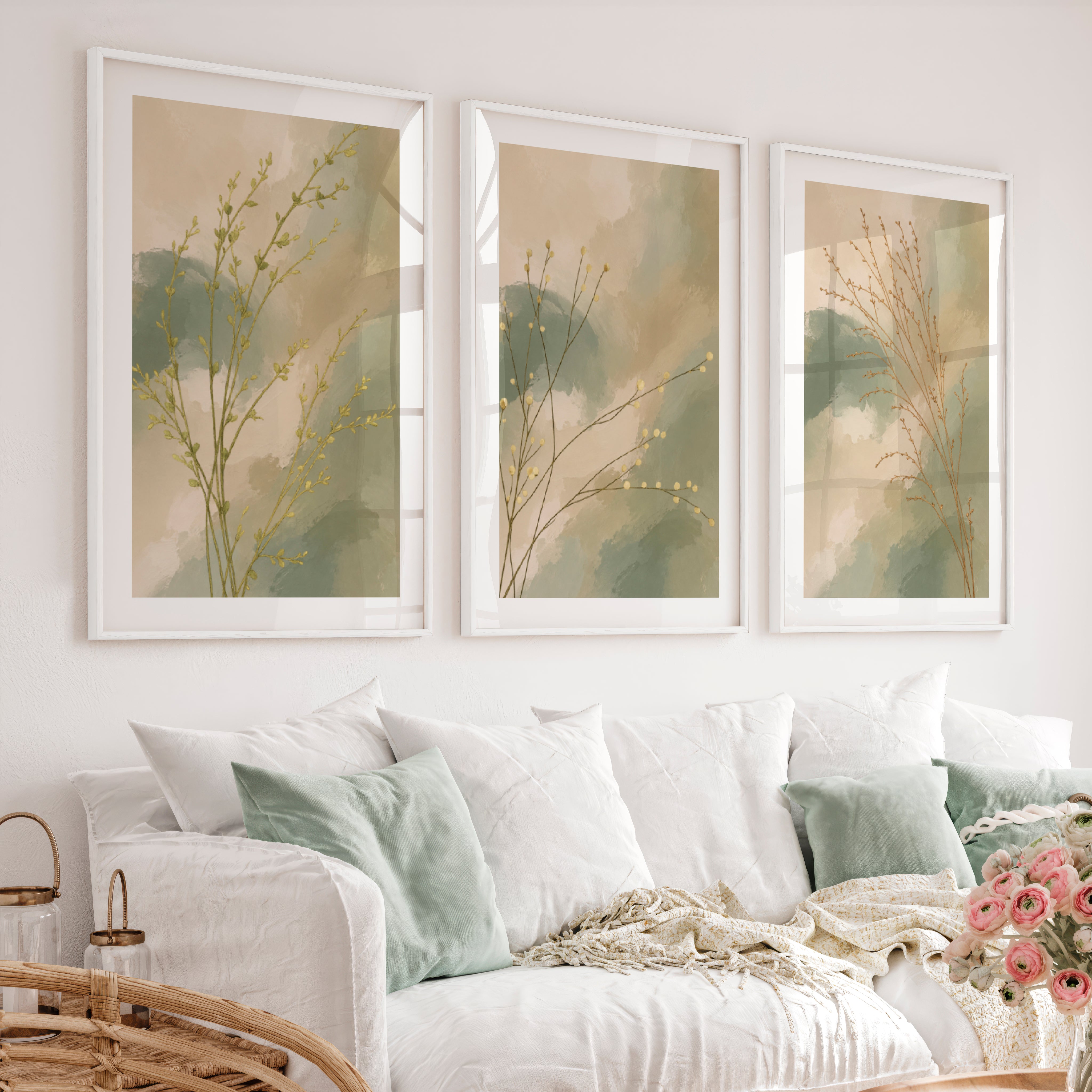 Botanical Stems japandi painting - White Framed Poster with White Border - Artworksets