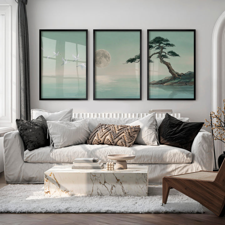 Moonlit Cranes Japandi Painting with Pine Shore - Black Framed Poster No Border - Artworksets