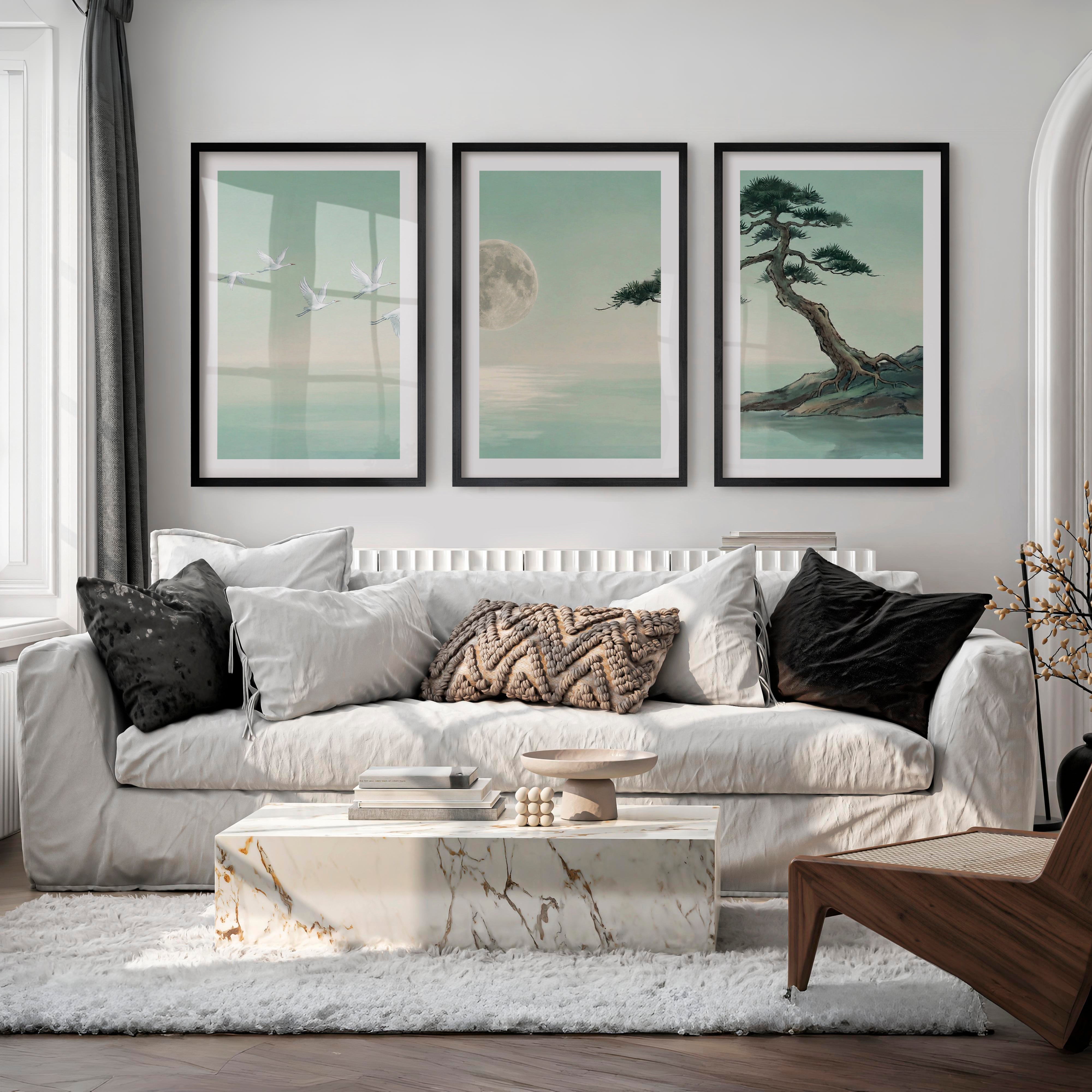 Moonlit Cranes Japandi Painting with Pine Shore - Black Framed Poster with White Border - Artworksets